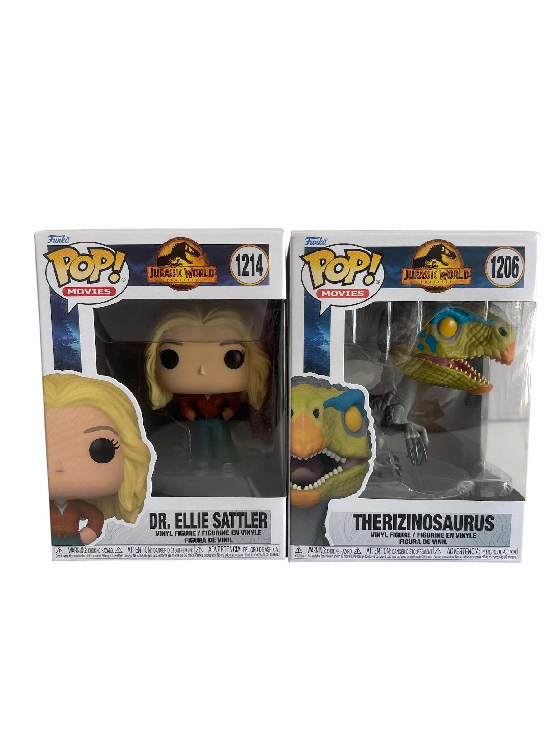 Photo 1 of (2) PCS NIB FUNKO POP DR. ELLIE SATTLER & THERIZINOSAURUS JURASSIC WORLD