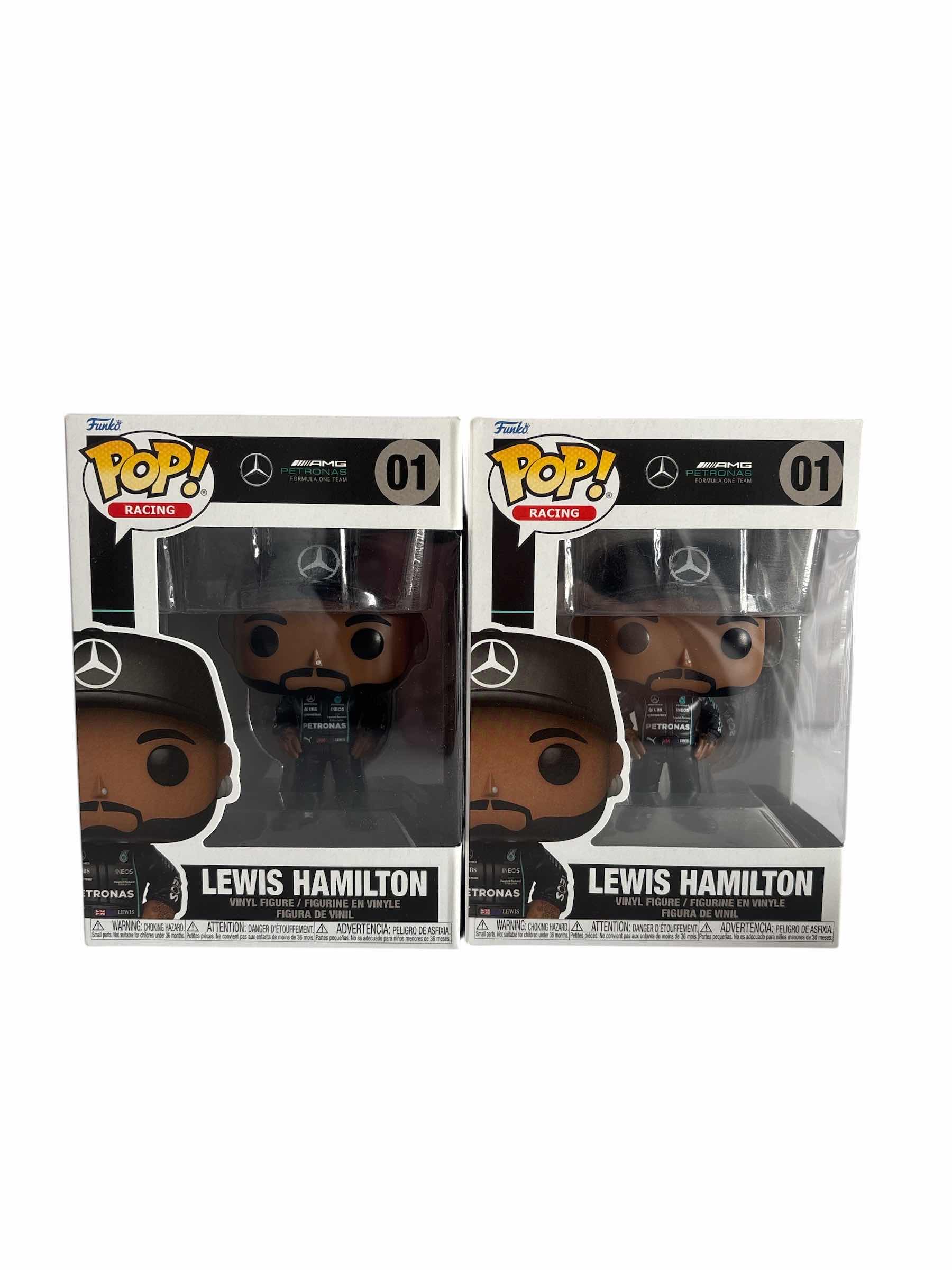 Photo 1 of (2)PCS NIB FUNKO POP LEWIS HAMILTON AMG PETRONAS F1 TEAM