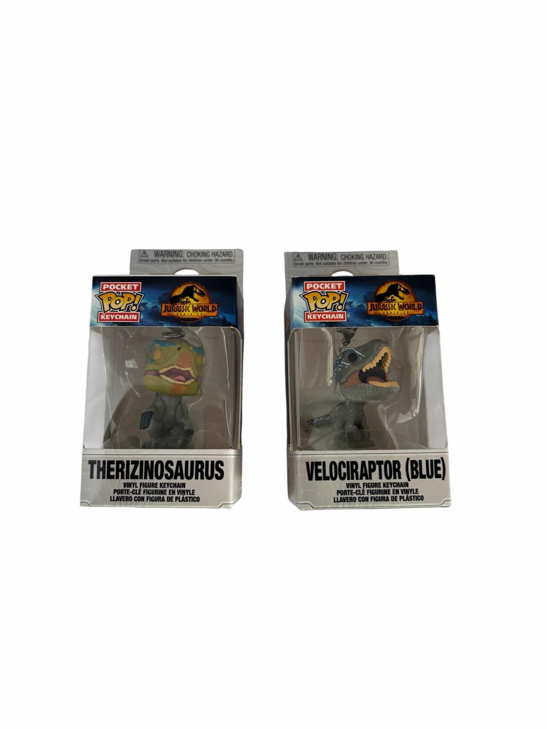 Photo 1 of (2)PCS- NIB FUNKO POP POCKET KEY CHAIN THERIZINOSAURUS & VELOCIRAPTOR (BLUE)