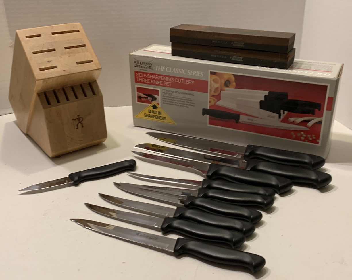 Photo 1 of J.A. HENCKELS KNIFE SET, WILKINSON KNIFE SET AND SHARPENING STONES
