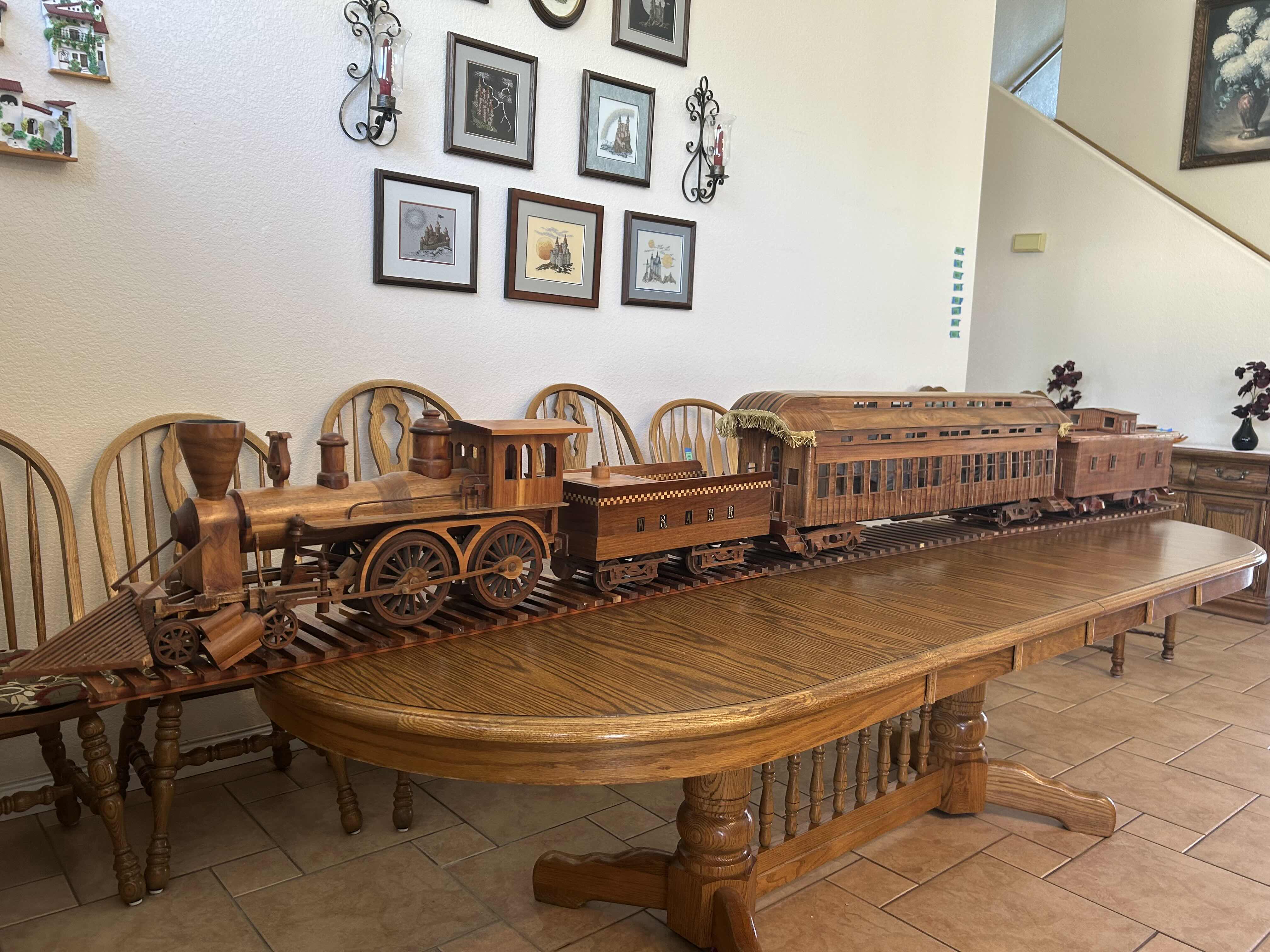 Photo 1 of LARGE SCALE W8ARR LOCOMOTIVE BALDWIN STEAM , COAL CAR , PASSENGER CAR MAPLE WOOD TRAIN ON TRACKS LENGTH 124” H 17”