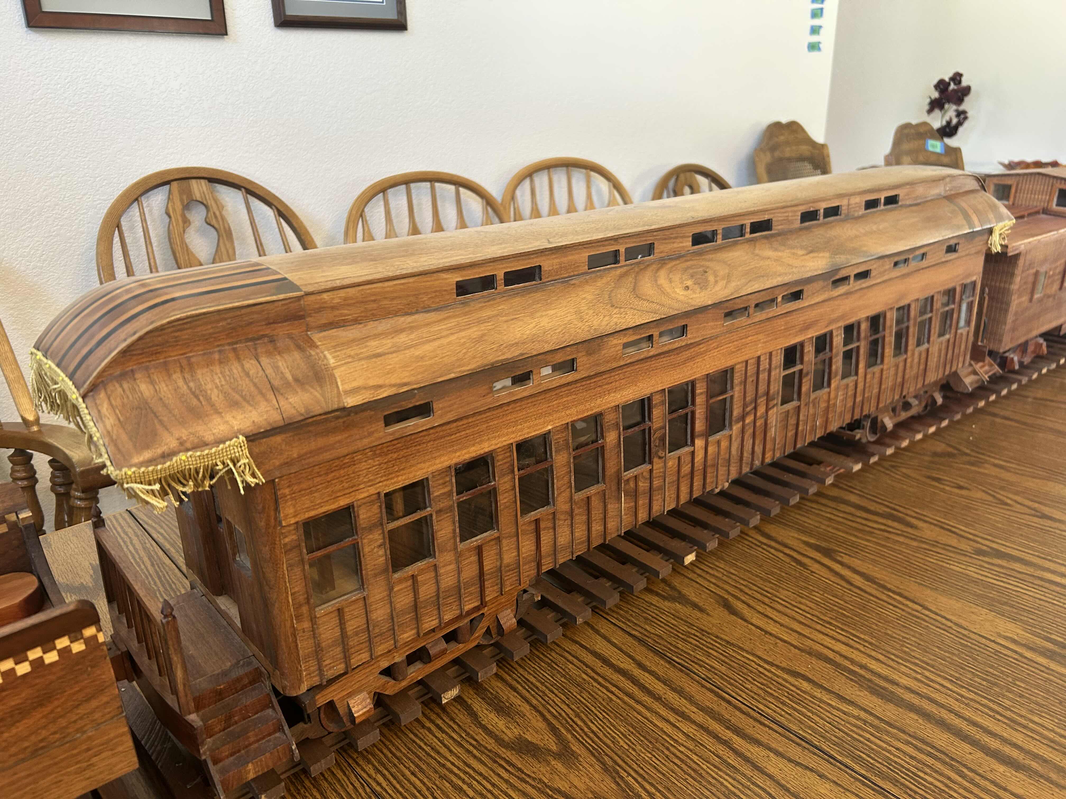 Photo 1 of LARGE SCALE W8ARR LOCOMOTIVE BALDWIN STEAM , COAL CAR , PASSENGER CAR MAPLE WOOD TRAIN ON TRACKS LENGTH 124” H 17”