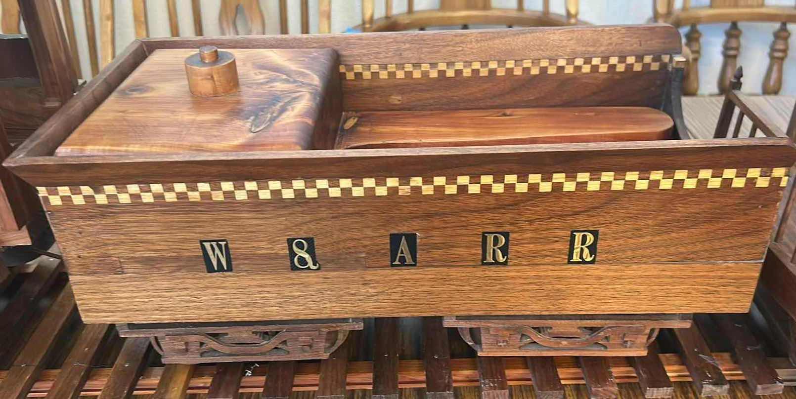 Photo 1 of LARGE SCALE W8ARR LOCOMOTIVE BALDWIN STEAM , COAL CAR , PASSENGER CAR MAPLE WOOD TRAIN ON TRACKS LENGTH 124” H 17”