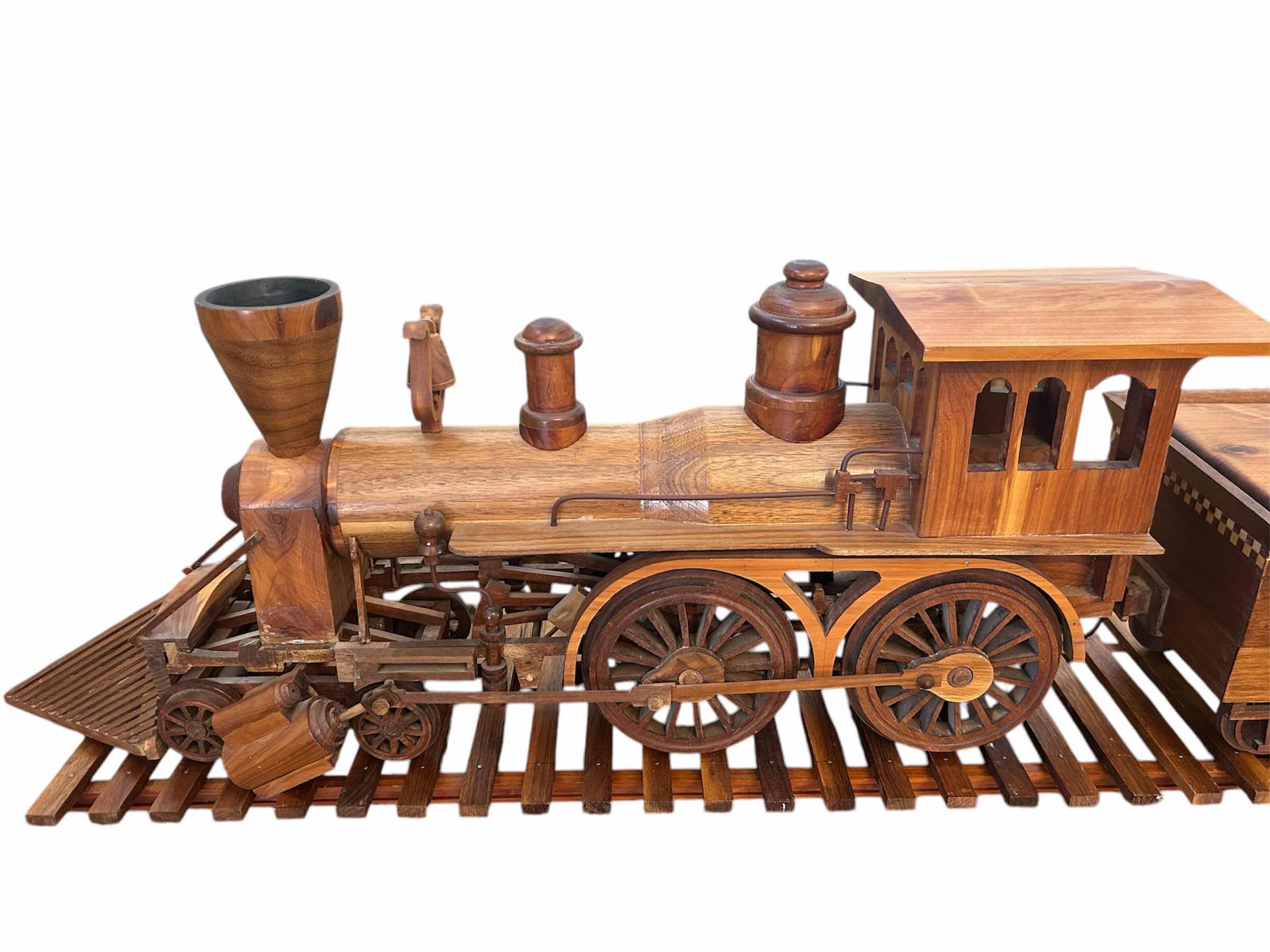 Photo 1 of LARGE SCALE W8ARR LOCOMOTIVE BALDWIN STEAM , COAL CAR , PASSENGER CAR MAPLE WOOD TRAIN ON TRACKS LENGTH 124” H 17”