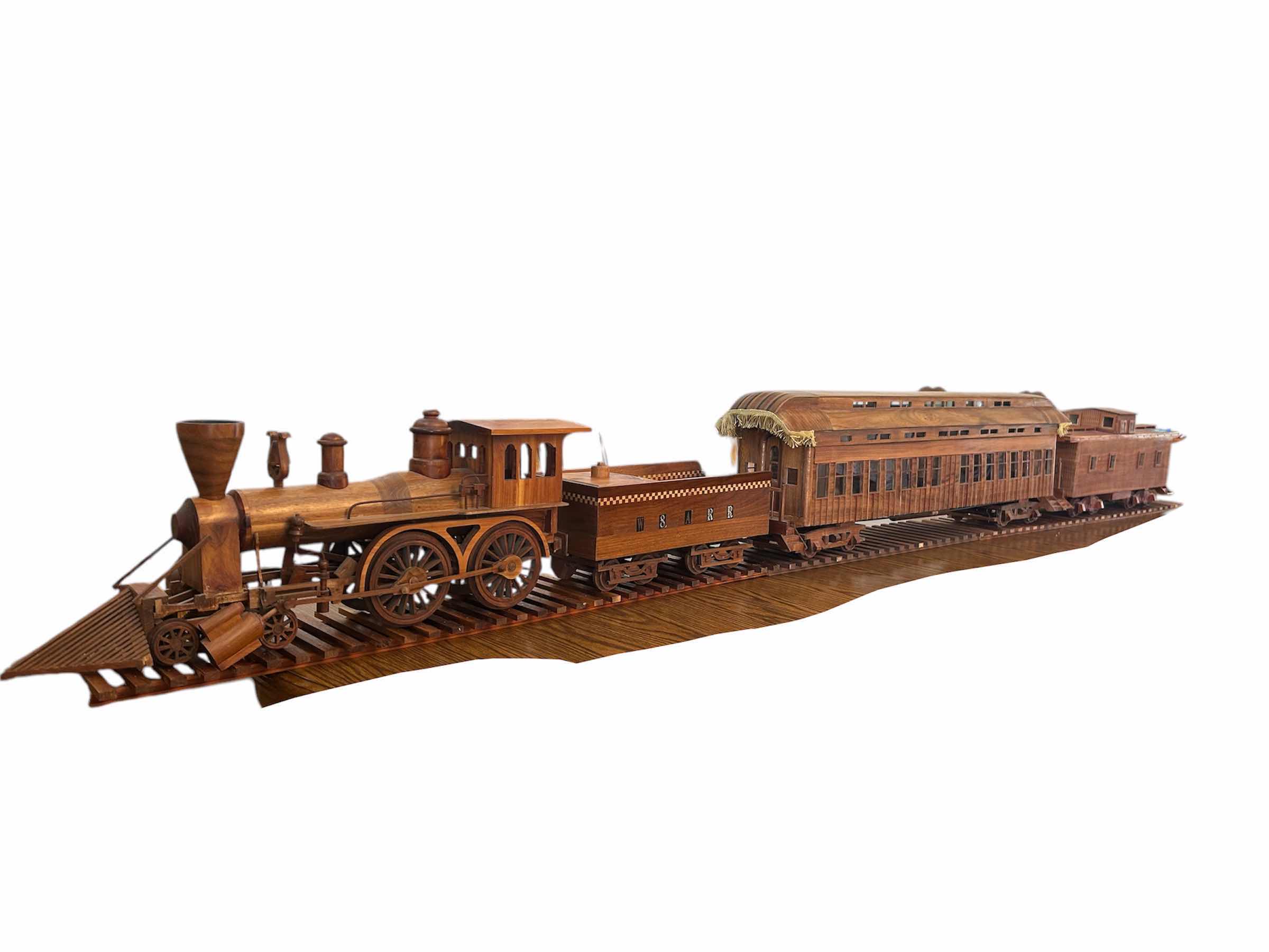 Photo 1 of LARGE SCALE W8ARR LOCOMOTIVE BALDWIN STEAM , COAL CAR , PASSENGER CAR MAPLE WOOD TRAIN ON TRACKS LENGTH 124” H 17”