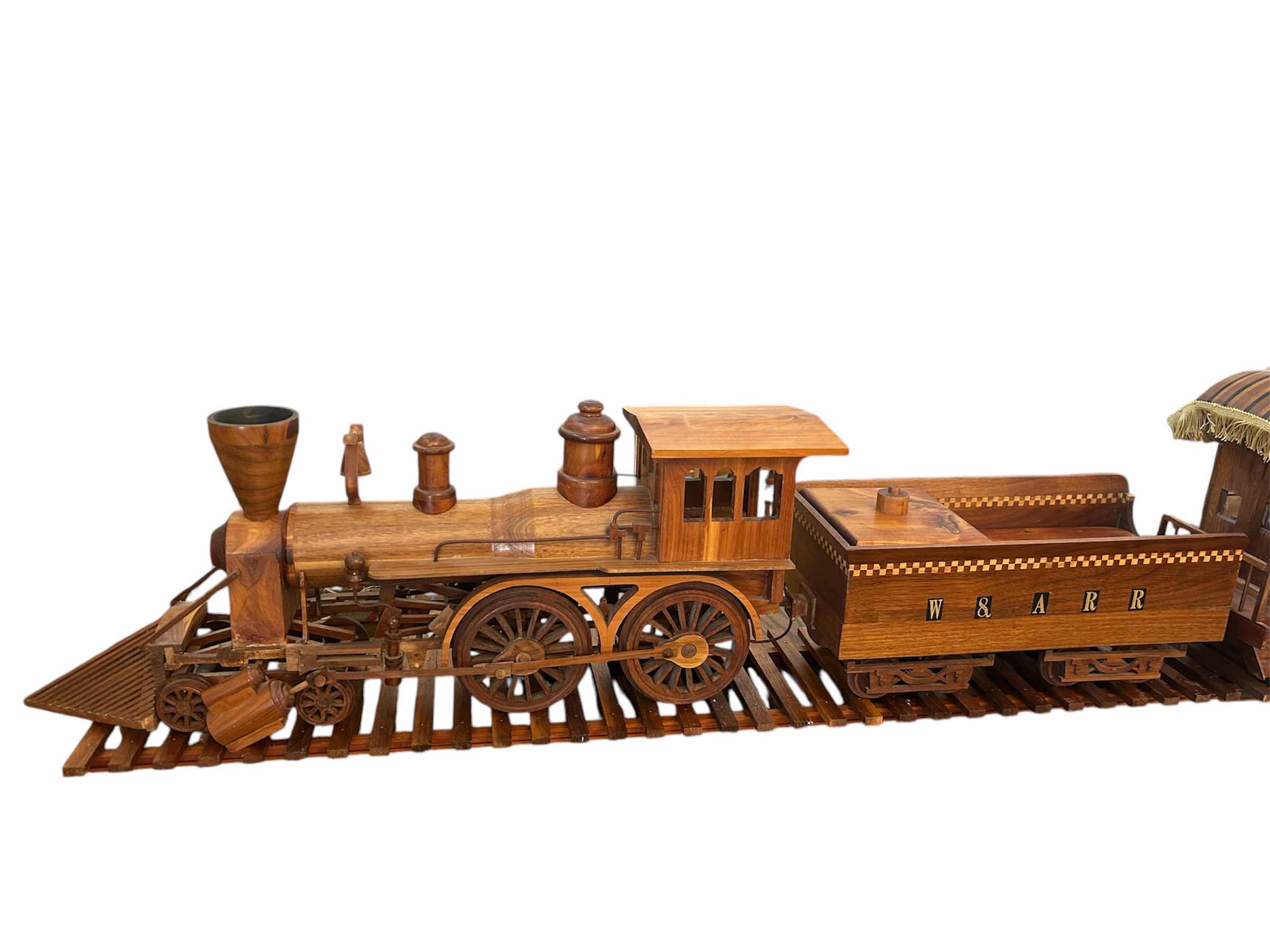 Photo 1 of LARGE SCALE W8ARR LOCOMOTIVE BALDWIN STEAM , COAL CAR , PASSENGER CAR MAPLE WOOD TRAIN ON TRACKS LENGTH 124” H 17”
