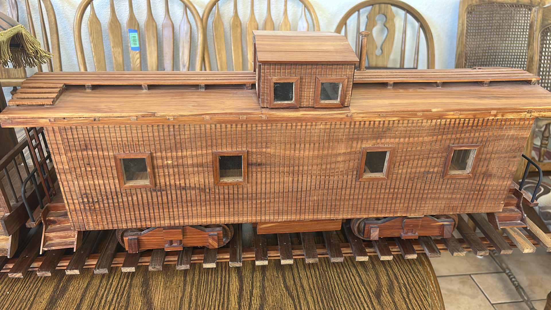 Photo 1 of LARGE SCALE W8ARR LOCOMOTIVE BALDWIN STEAM , COAL CAR , PASSENGER CAR MAPLE WOOD TRAIN ON TRACKS LENGTH 124” H 17”