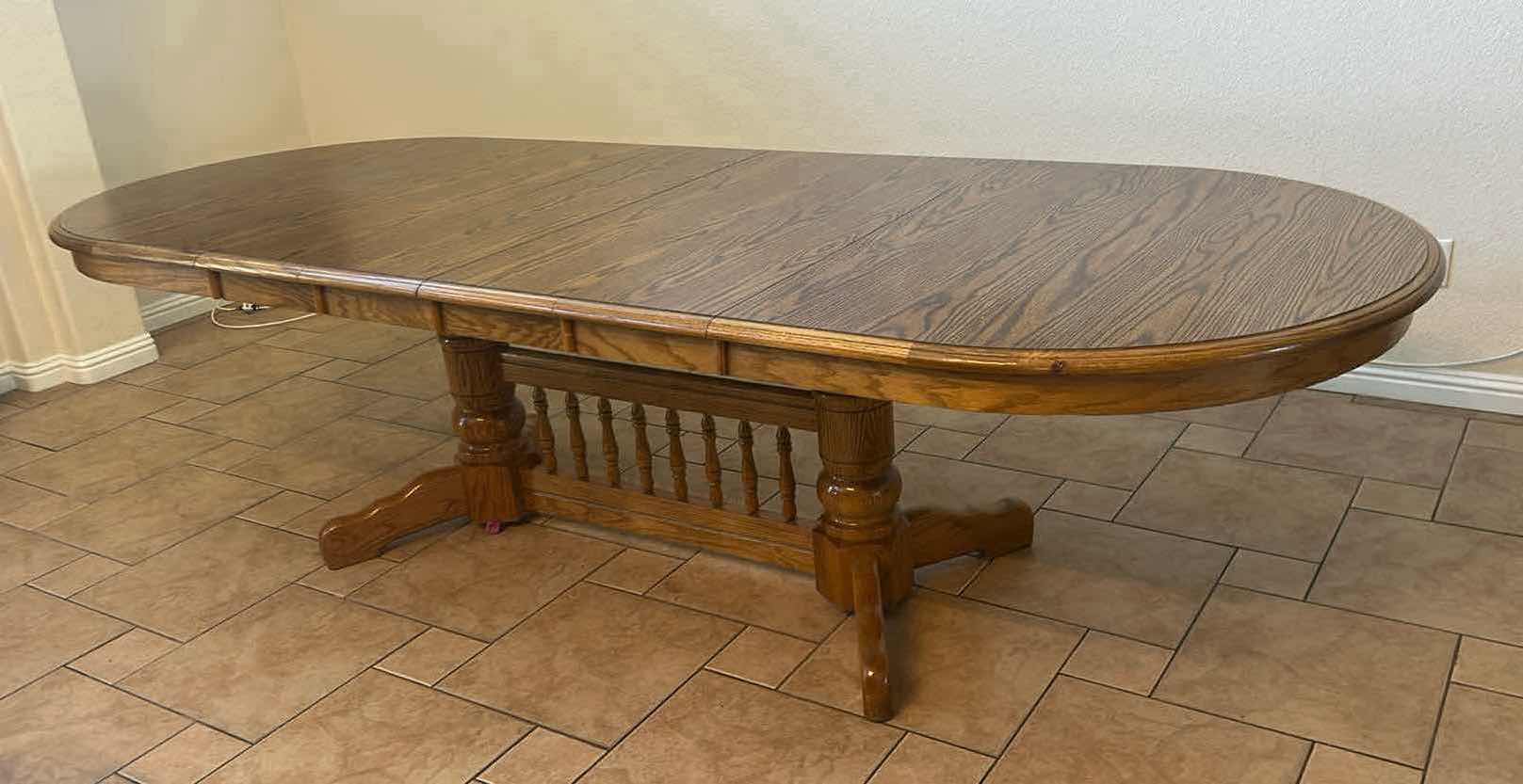 Photo 1 of SOLID OAK THRESHER COCHRANE DINING TABLE W 4 LEAVES 41 X 108 CHAIRS SOLD SEPARATELY