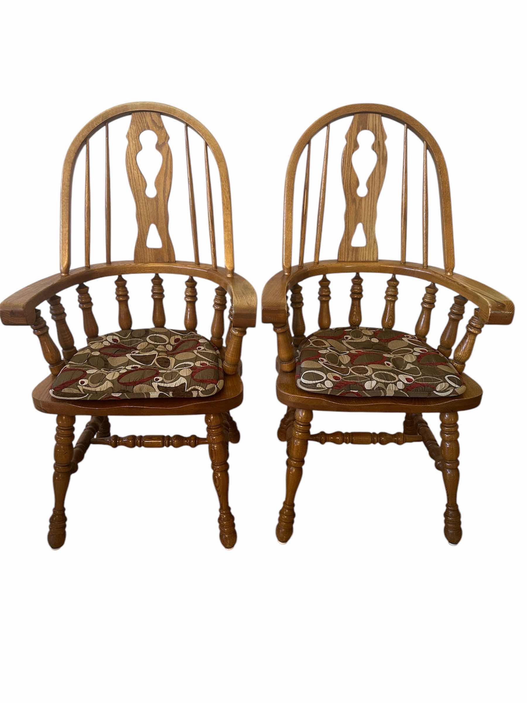 Photo 1 of 2 SOLID OAK ARM CHAIRS W CUSHIONS