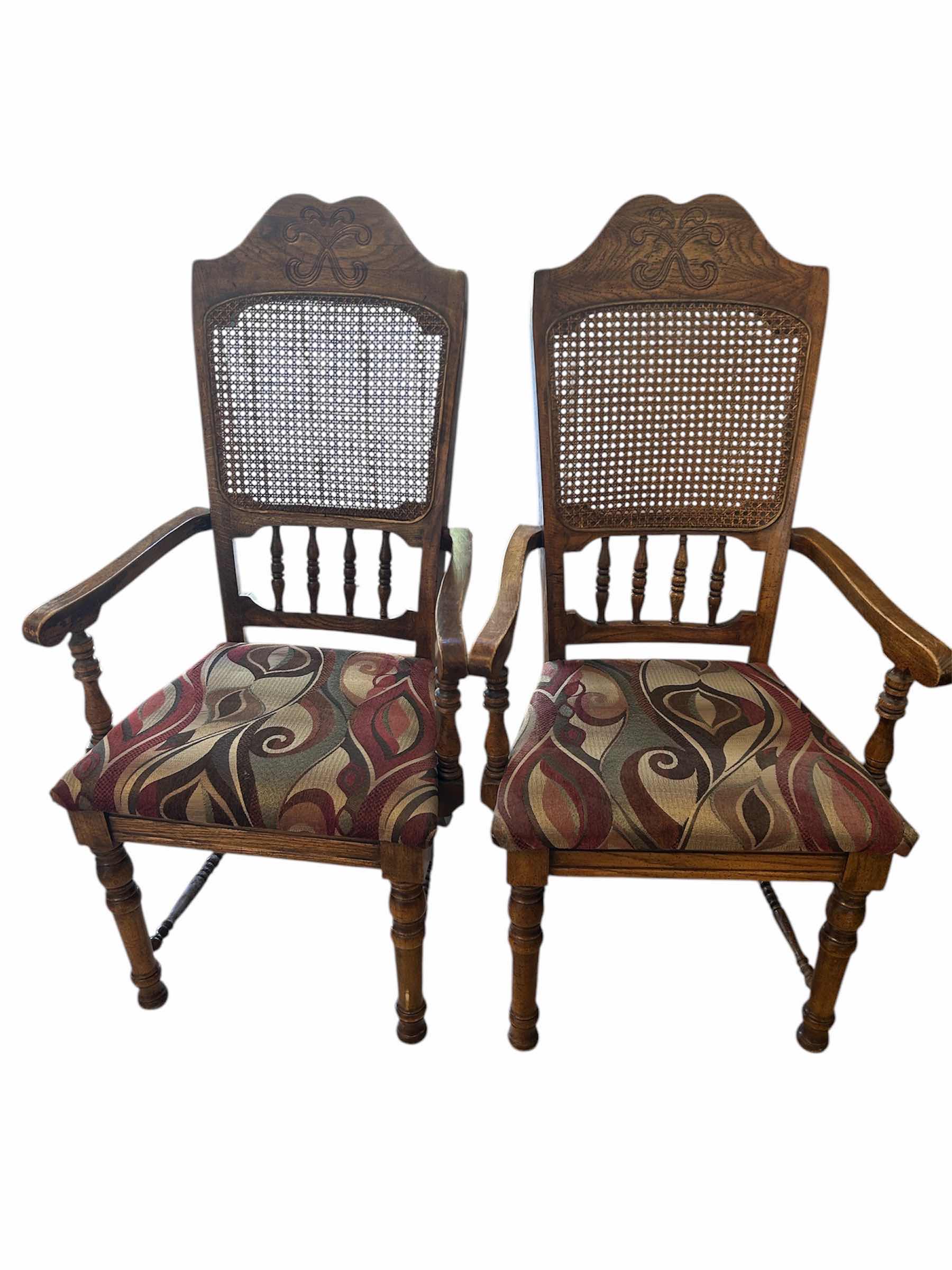 Photo 1 of 2- VINTAGE SOLID WOOD ARM CHAIRS CANE BACK UPHOLSTERY SEAT
