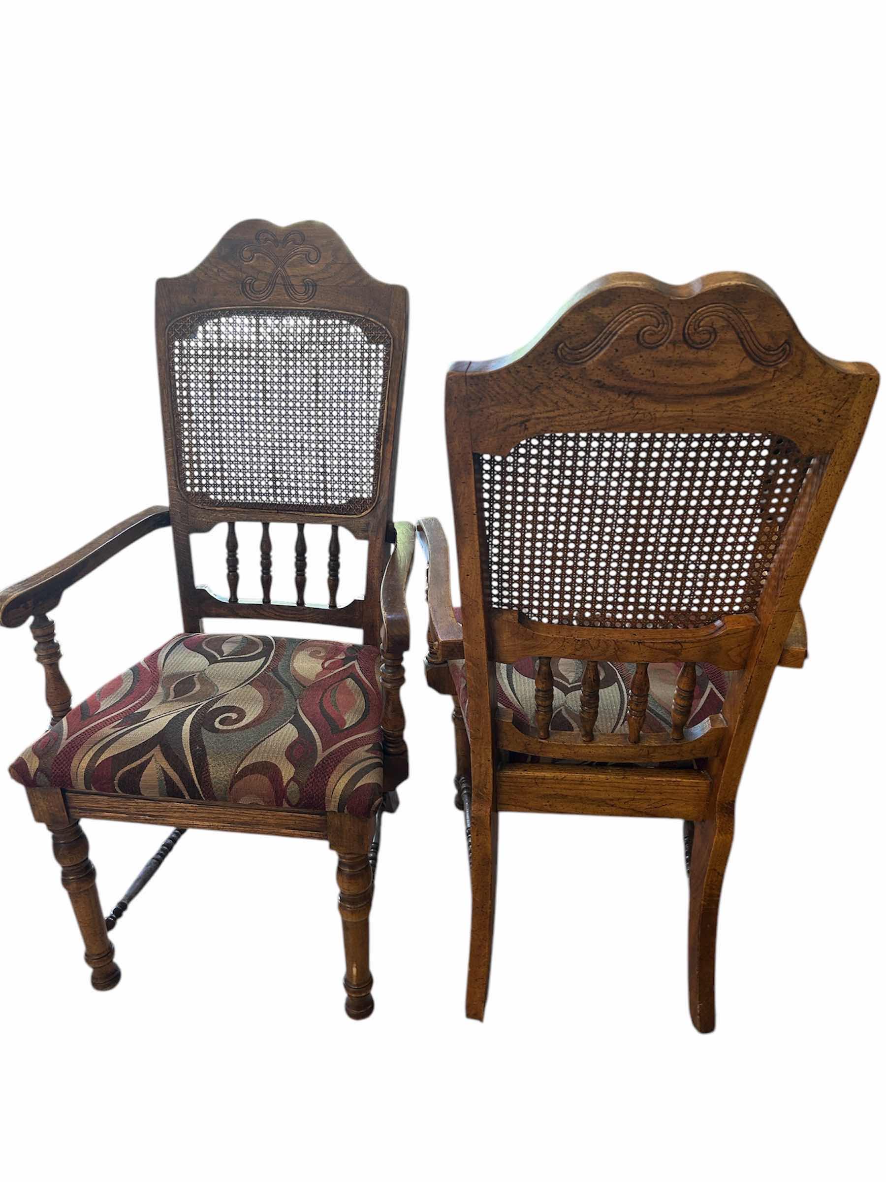 Photo 1 of 2- VINTAGE SOLID WOOD ARM CHAIRS CANE BACK UPHOLSTERY SEAT