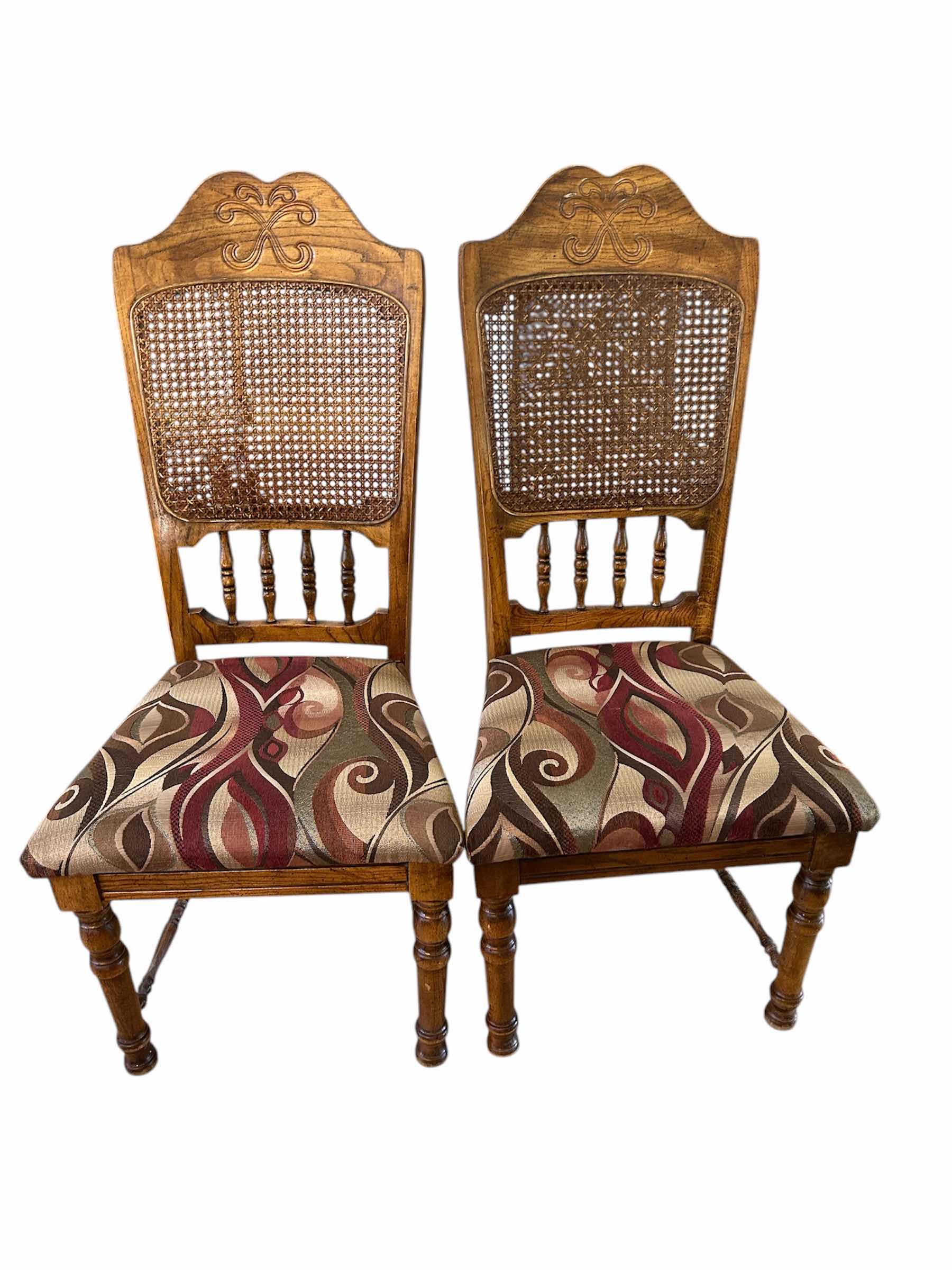 Photo 1 of 2- VINTAGE SOLID WOOD SIDE CHAIRS  CANE BACK W UPHOLSTERY SEAT