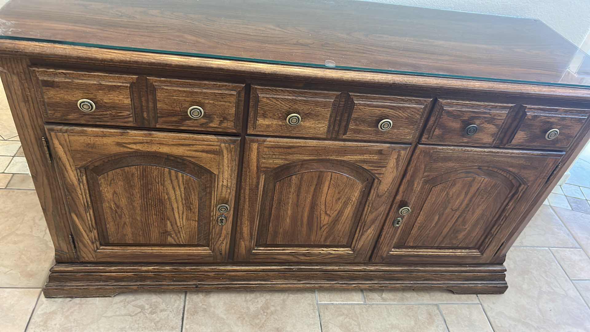 Photo 1 of WOOD BUFFET W GLASS TOP 37” X 19” H 31”