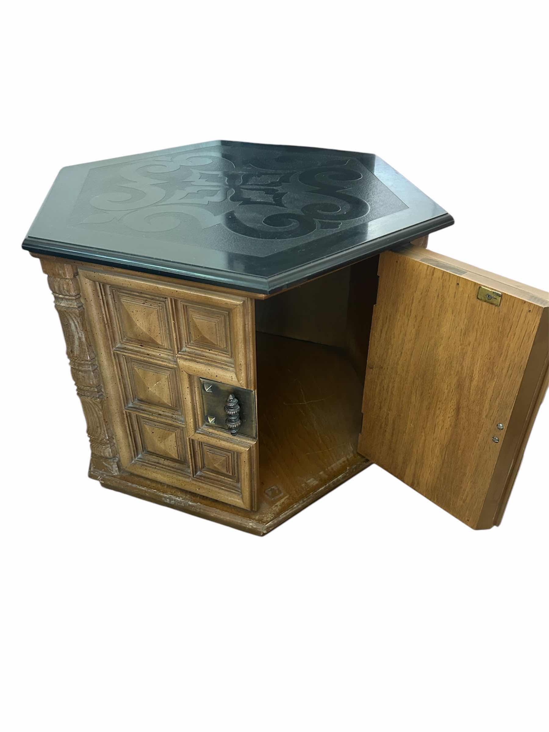 Photo 1 of HEXAGONAL END TABLE W BLACK TOP 25” X 28” H 31”