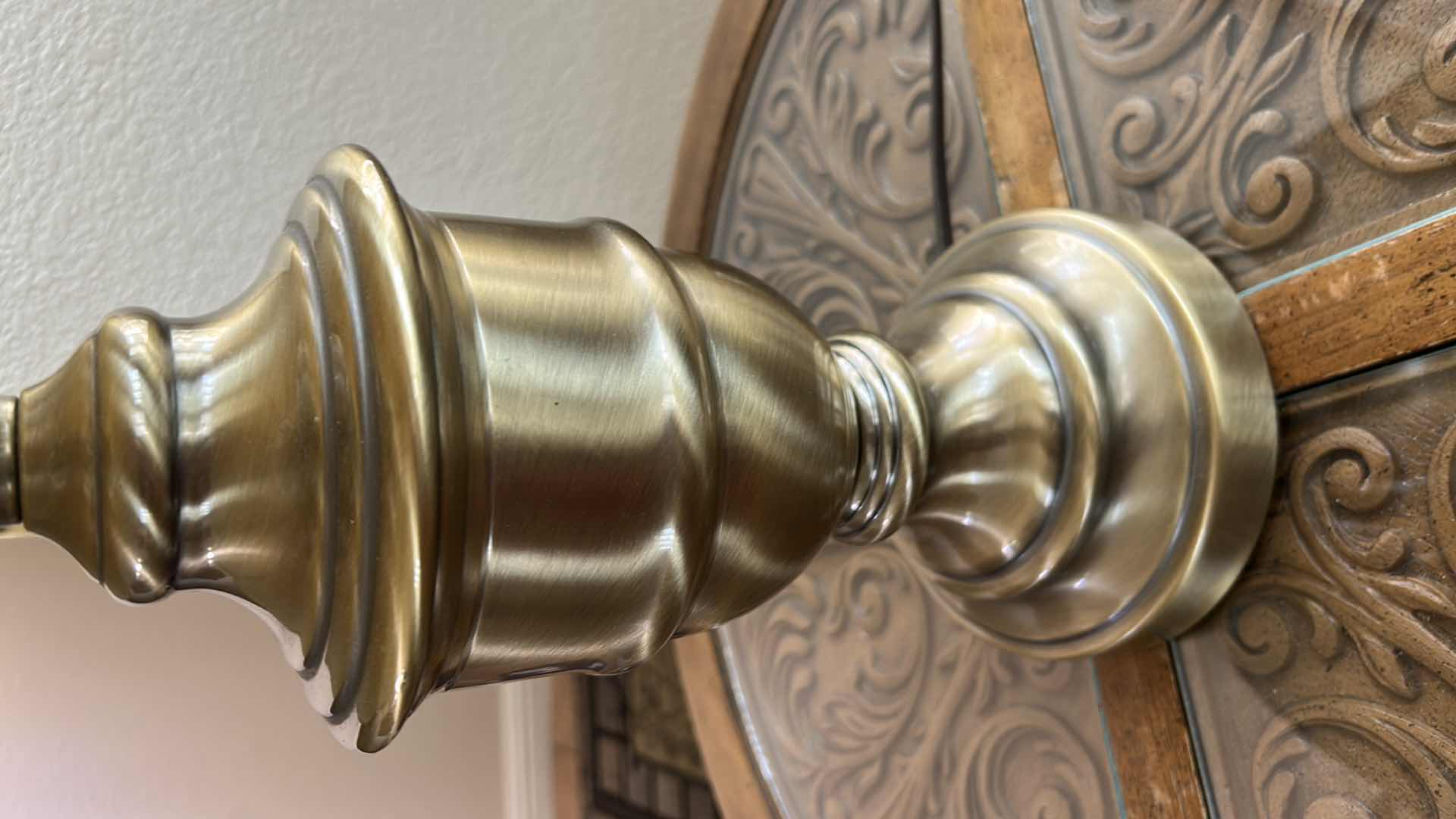 Photo 1 of BRASS TABLE LAMP W 8 SIDED IVORY  FLORAL PRINT BRAIDED SHADE H 27”