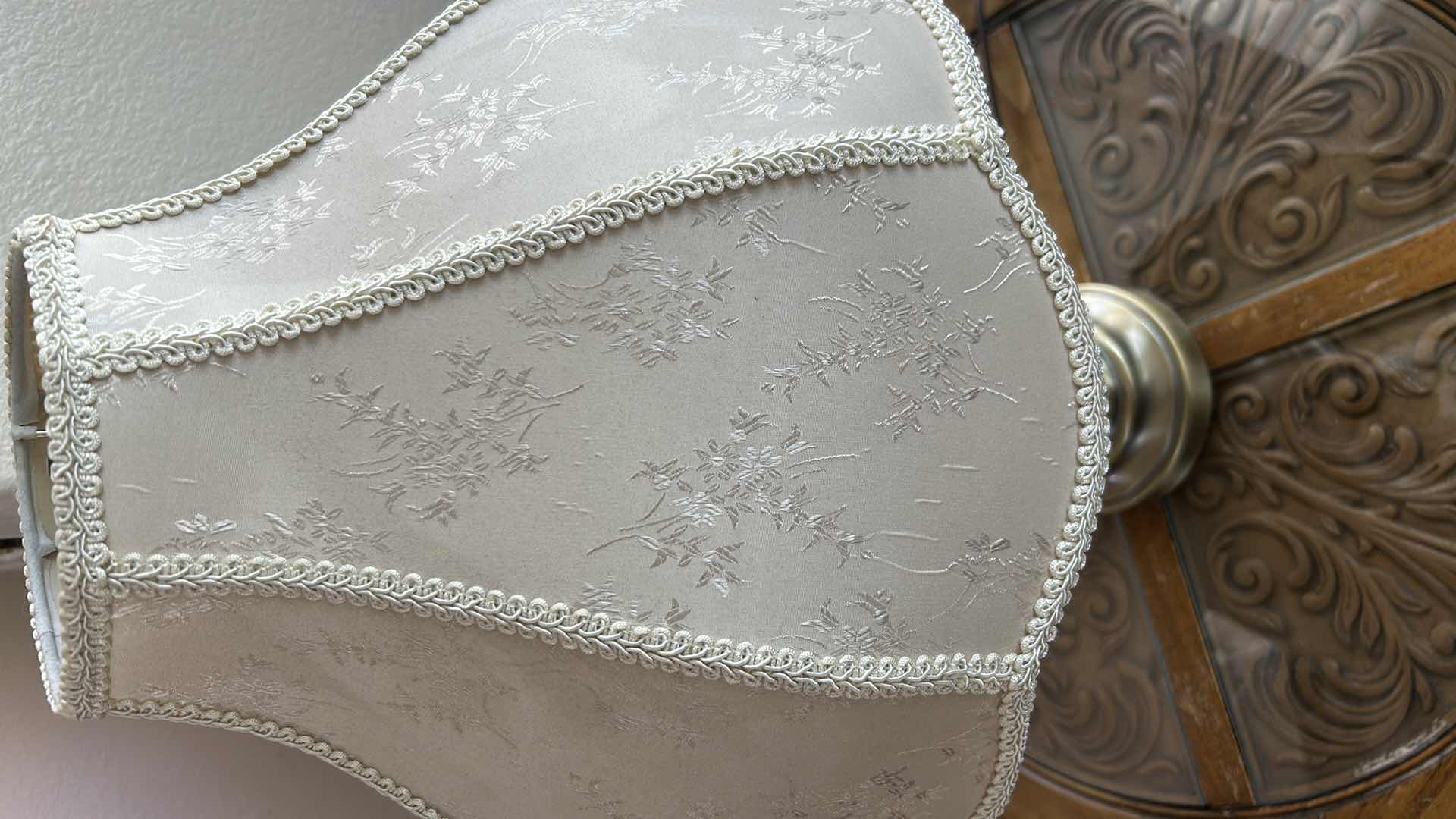 Photo 1 of BRASS TABLE LAMP W 8 SIDED IVORY  FLORAL PRINT BRAIDED SHADE H 27”