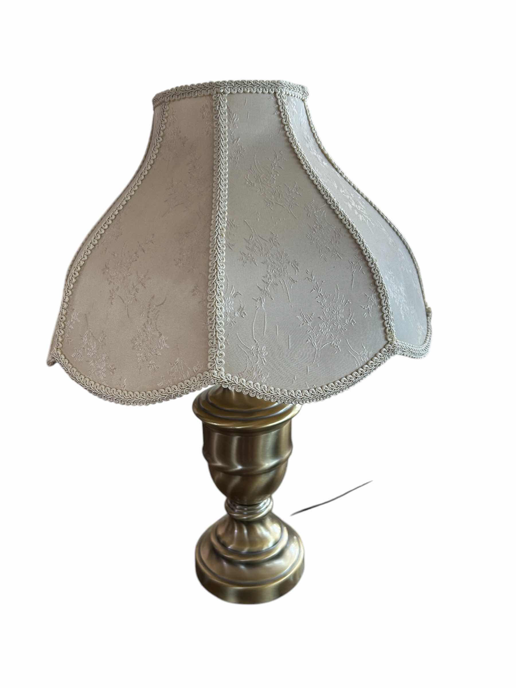 Photo 1 of BRASS TABLE LAMP W 8 SIDED IVORY  FLORAL PRINT BRAIDED SHADE H 27”