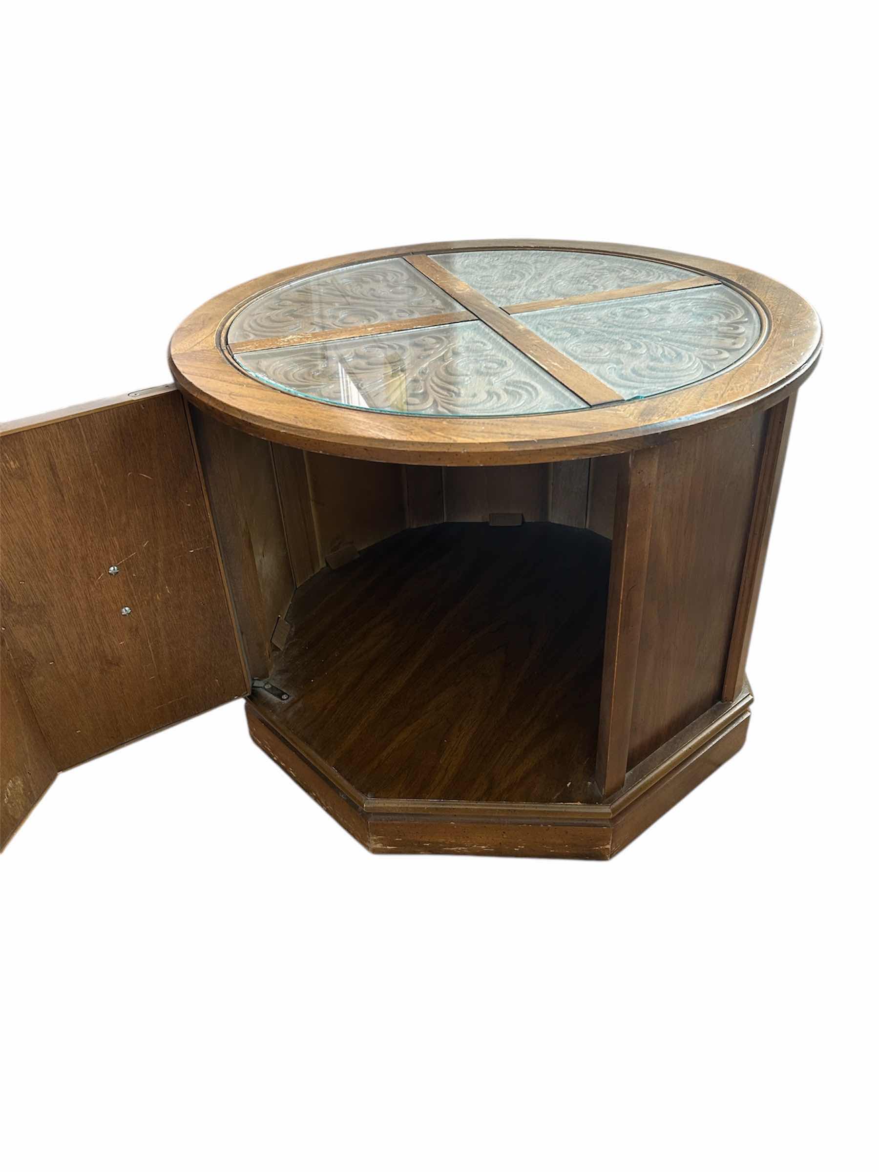 Photo 1 of CARVED GLASS TOP ROUND END TABLE 26” X 25” H 21”