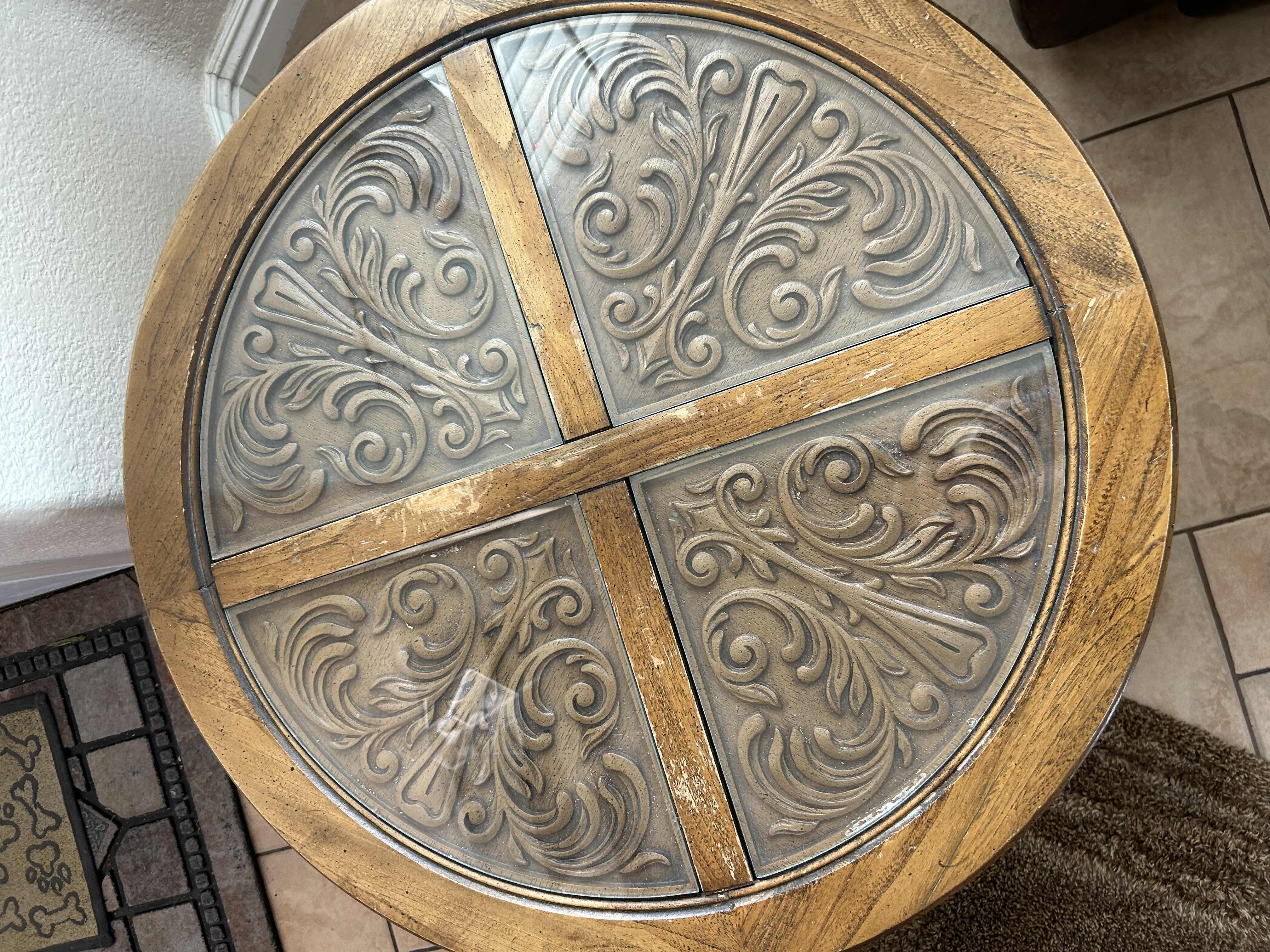 Photo 1 of CARVED GLASS TOP ROUND END TABLE 26” X 25” H 21”