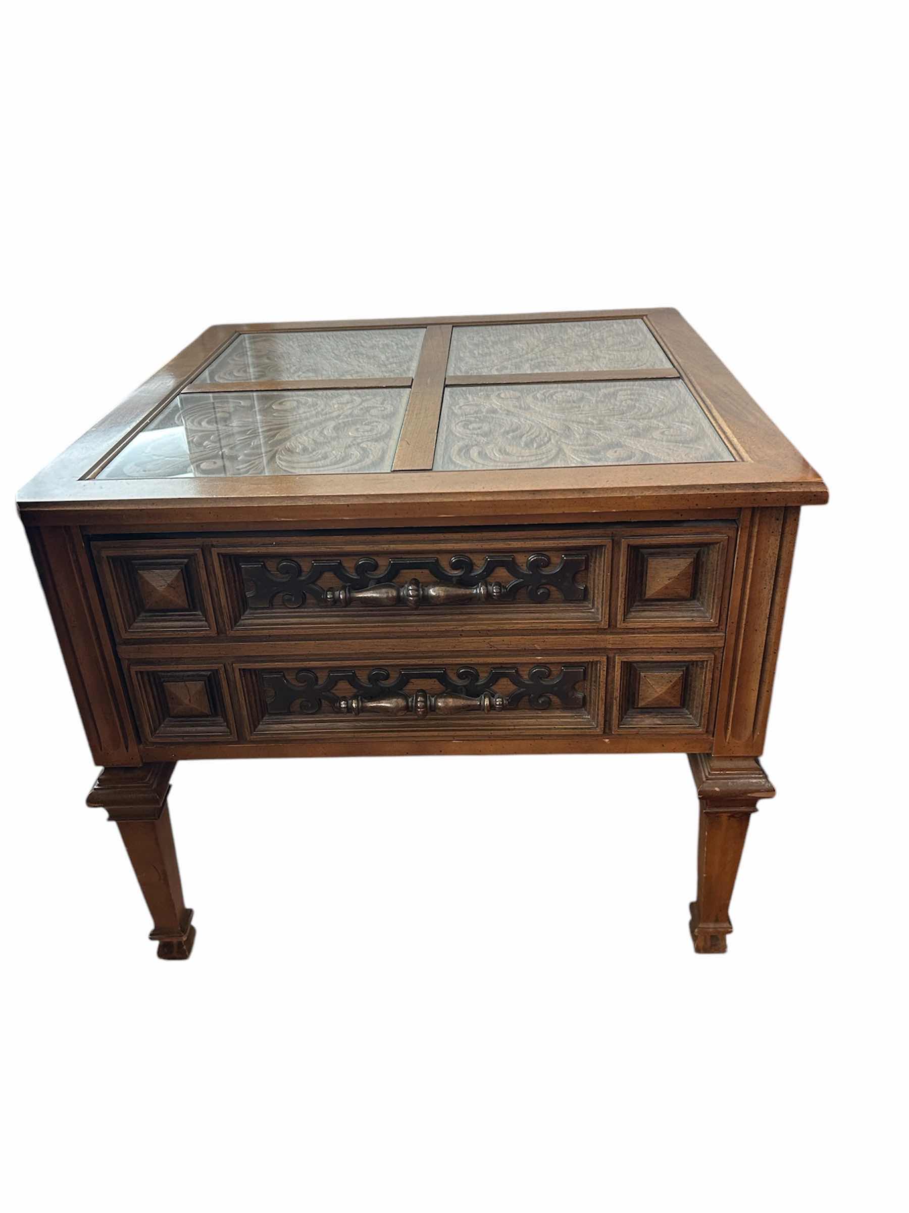 Photo 1 of CARVED GLASS TOP SQUARE END TABLE 25” X 25” H 21”