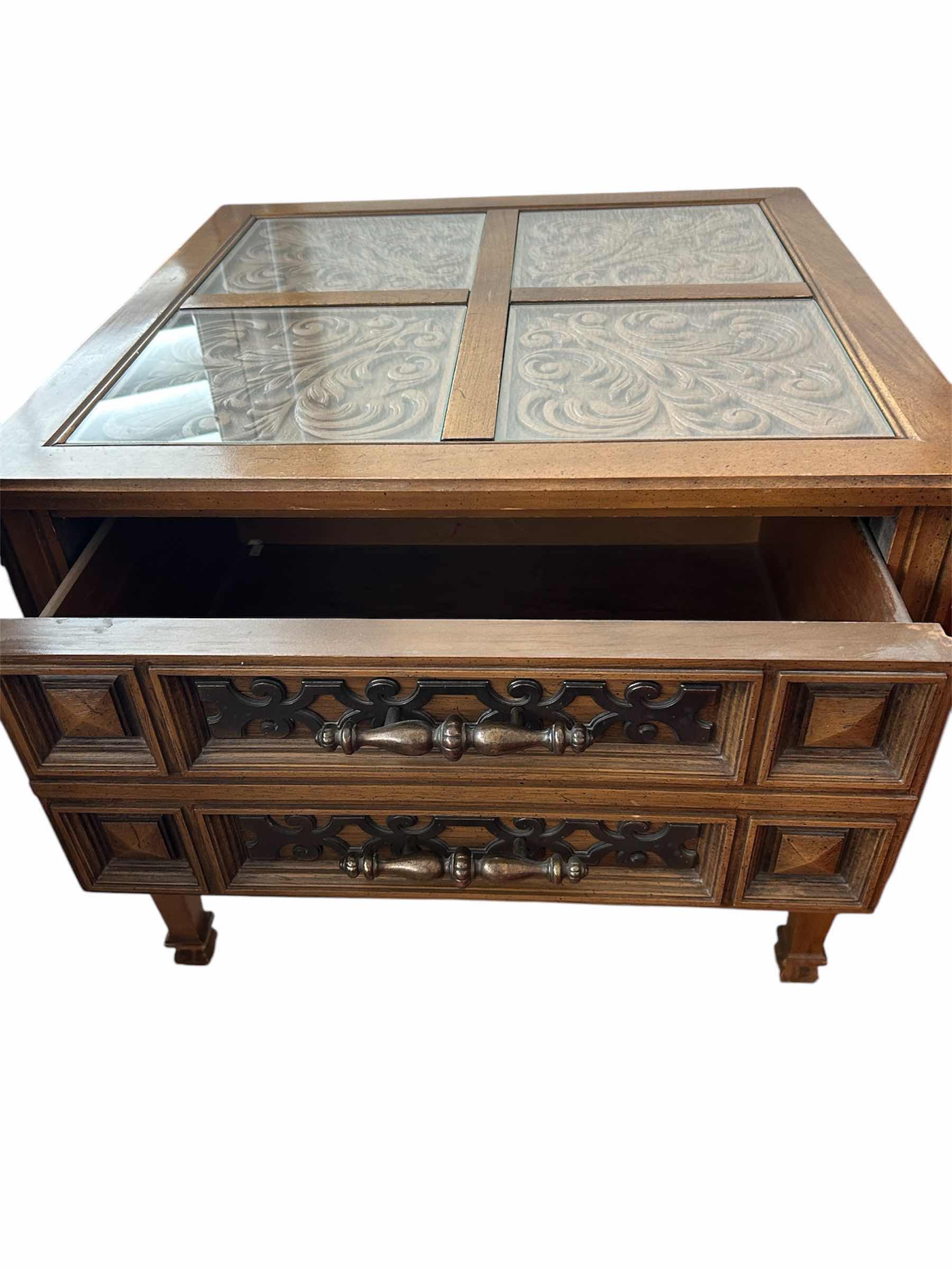 Photo 1 of CARVED GLASS TOP SQUARE END TABLE 25” X 25” H 21”