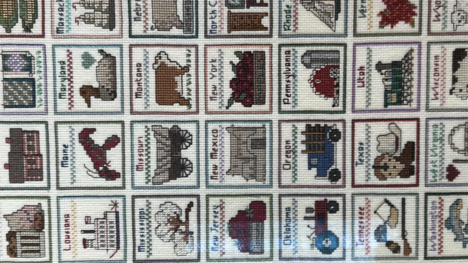 Photo 1 of BLACK FRAMED CROSS STITCH PATTERN “ AMERICA LAND THAT WE LOVE” BY JEAN FARISH 21” X 30”