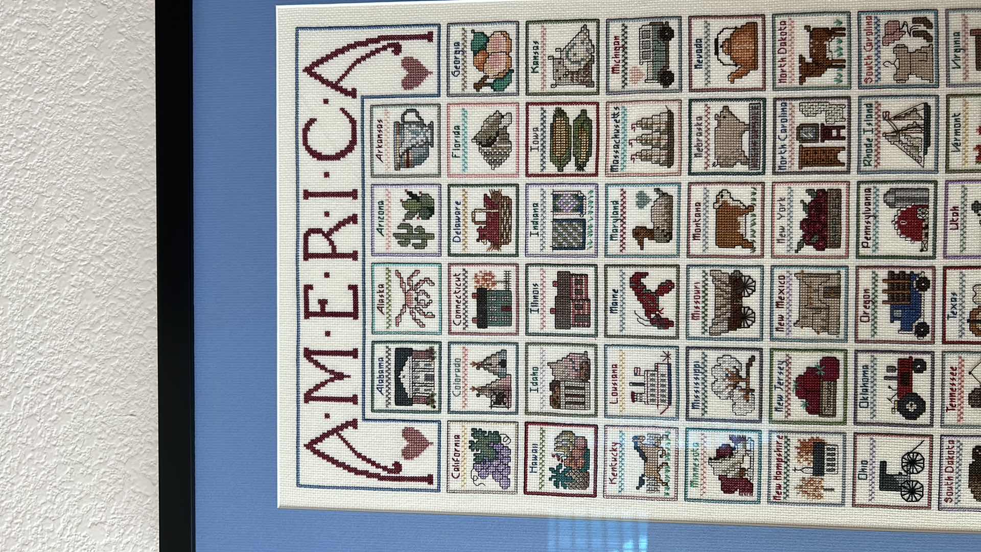 Photo 1 of BLACK FRAMED CROSS STITCH PATTERN “ AMERICA LAND THAT WE LOVE” BY JEAN FARISH 21” X 30”