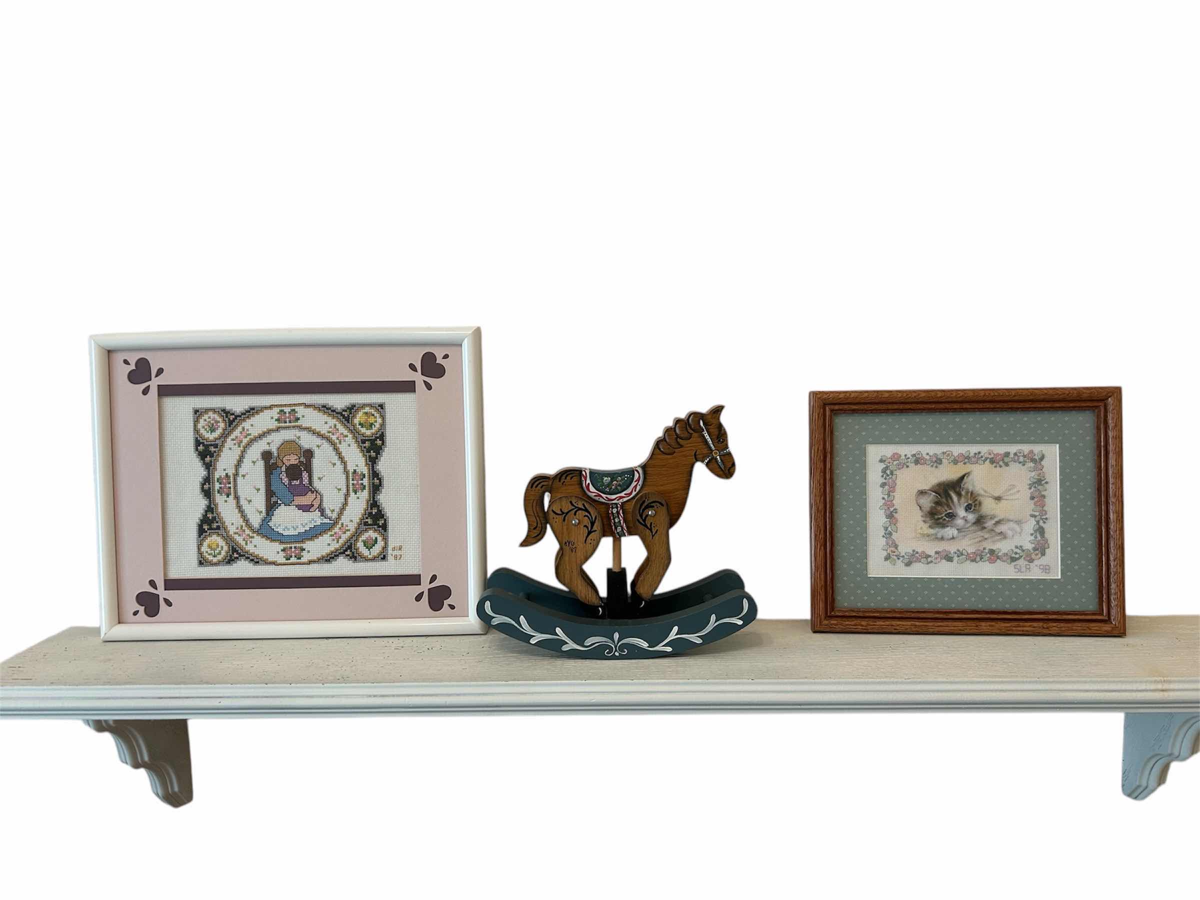 Photo 1 of HAND CRAFTED WOODEN ROCKING HORSE 10” 2- FRAMED CROSS STICH “CREWEL MOTHER CHILD “ PRECIOUS KITTEN