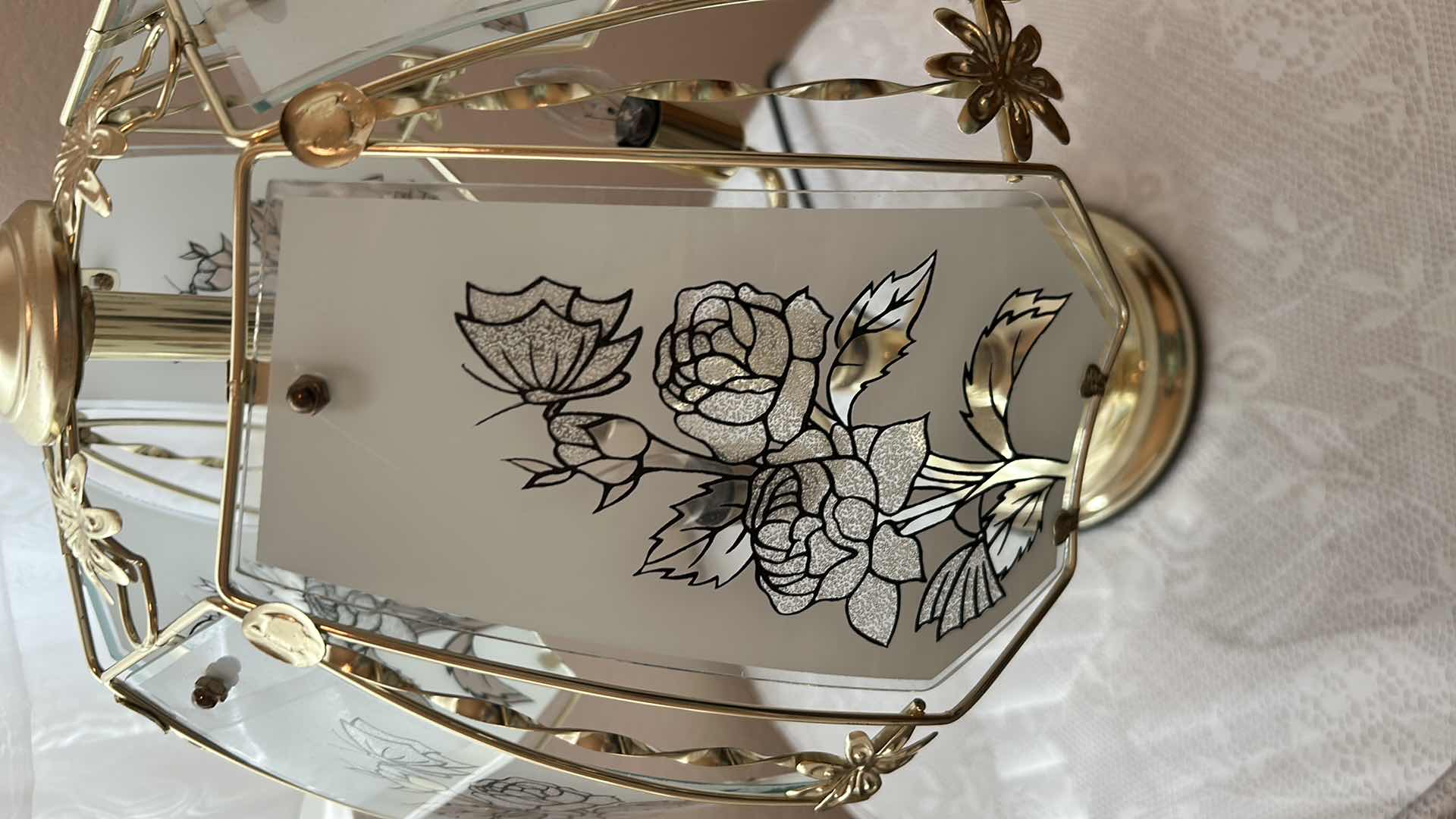 Photo 1 of TOUCH LAMP TRI LIGHT BRASS AND GLASS ROSE DESIGN SHADE H 25” WOOD TABLE INCLUDED