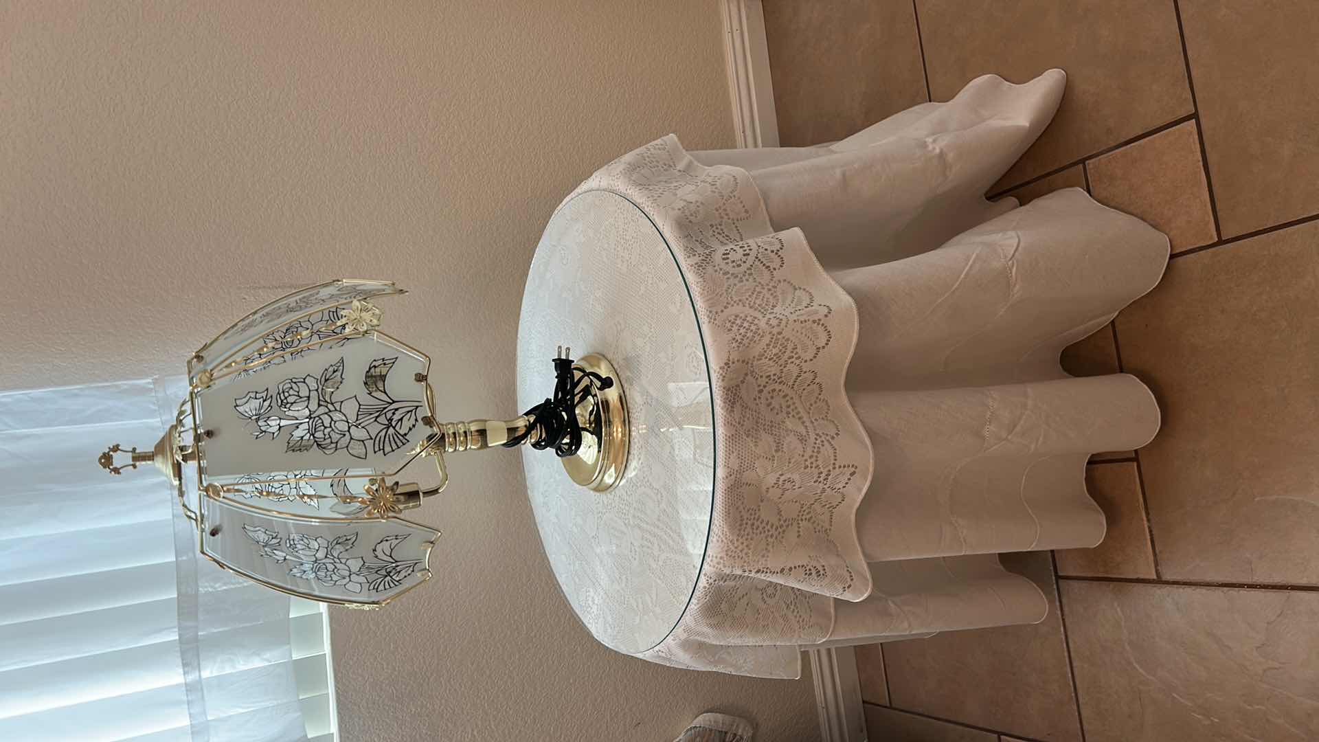 Photo 1 of TOUCH LAMP TRI LIGHT BRASS AND GLASS ROSE DESIGN SHADE H 25” WOOD TABLE INCLUDED