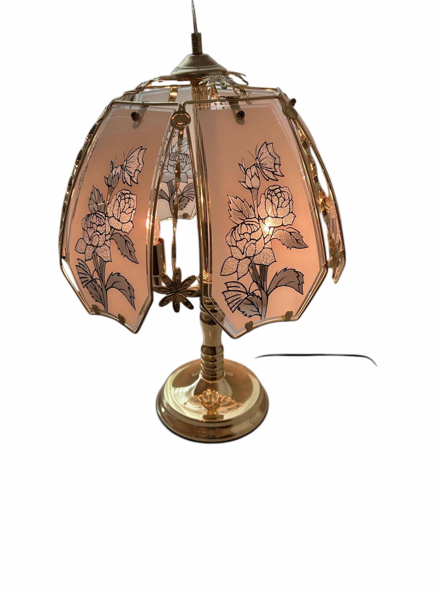 Photo 1 of TOUCH LAMP TRI LIGHT BRASS AND GLASS ROSE DESIGN SHADE H 25” WOOD TABLE INCLUDED