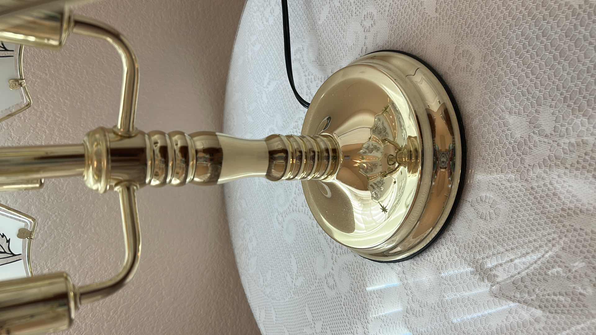 Photo 1 of TOUCH LAMP TRI LIGHT BRASS AND GLASS ROSE DESIGN SHADE H 25” WOOD TABLE INCLUDED