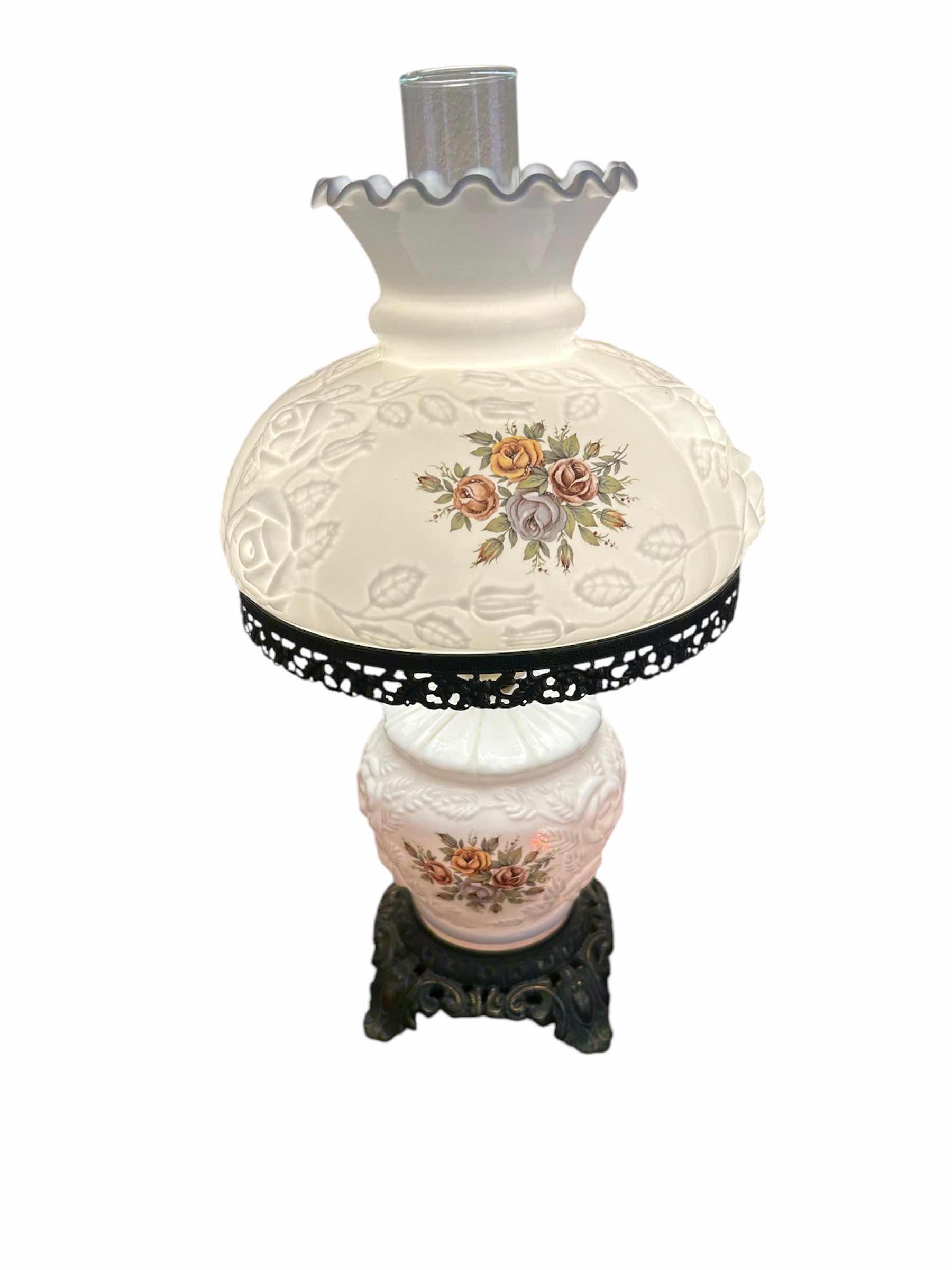 Photo 1 of VINTAGE MILK GLASS FENTON PUFFY ROSE HURRICANE LAMP H 20”