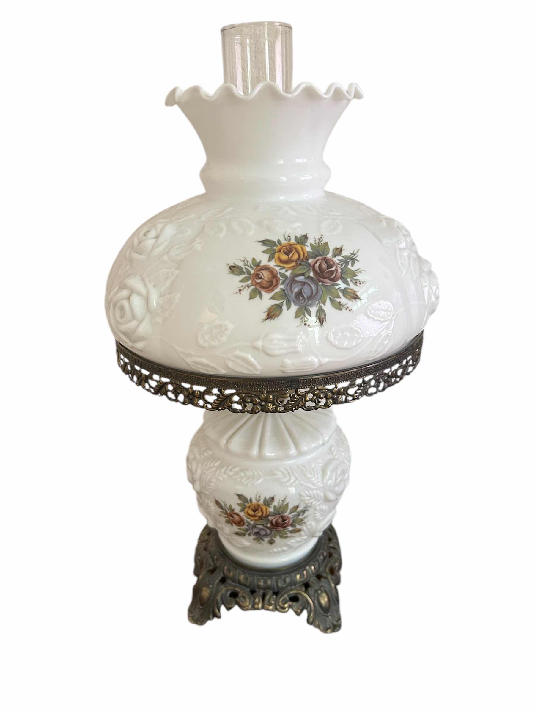 Photo 1 of VINTAGE MILK GLASS FENTON PUFFY ROSE HURRICANE LAMP H 20”