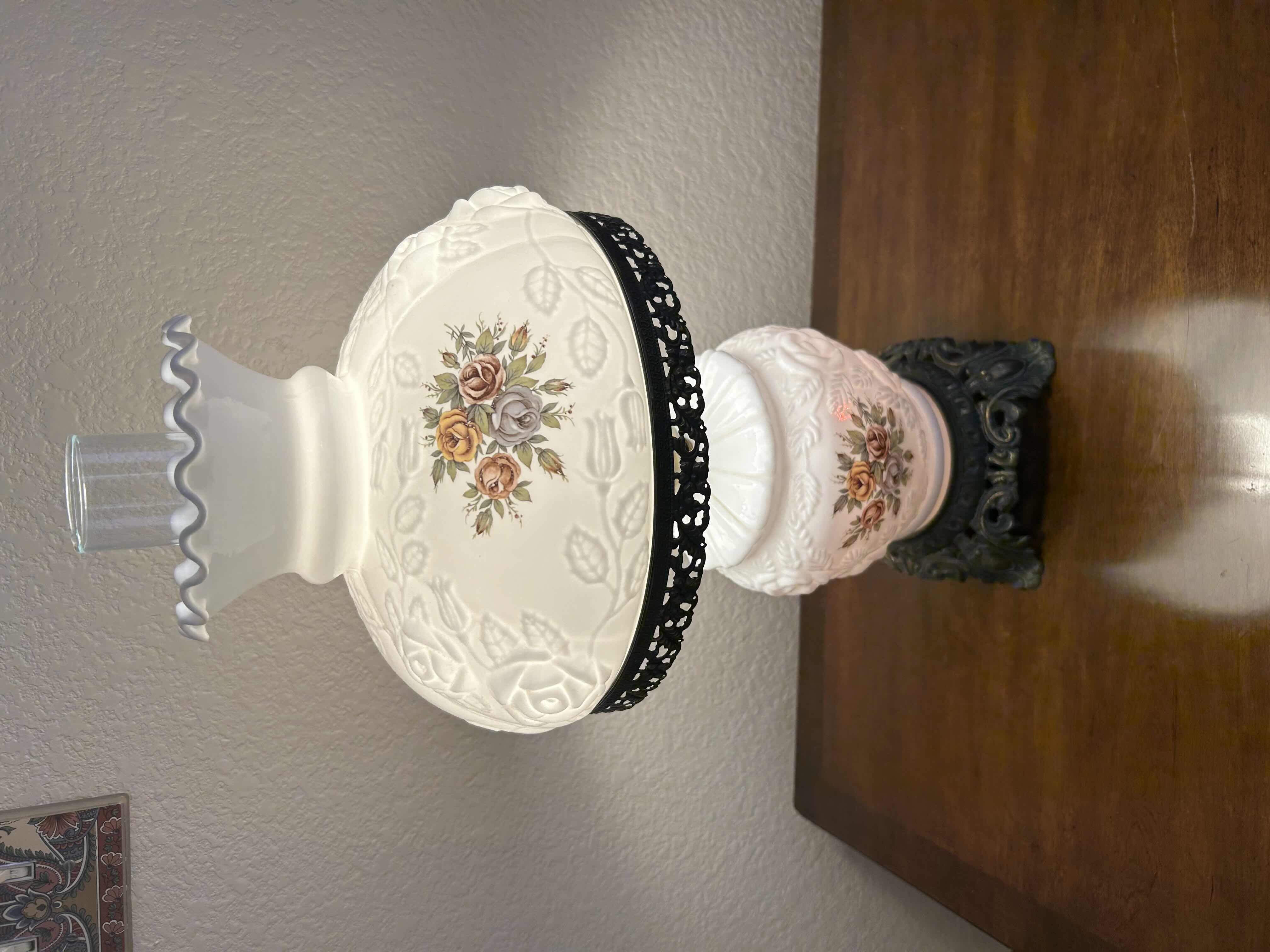 Photo 3 of VINTAGE MILK GLASS FENTON PUFFY ROSE HURRICANE LAMP H 20”