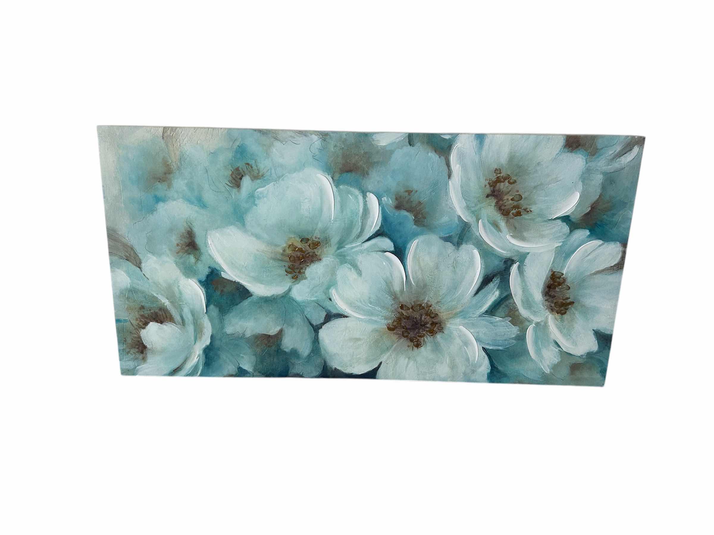 Photo 1 of UNFRAMED WHITE FLOWERS ON TURQUOISE CANVAS 34”  X 17”