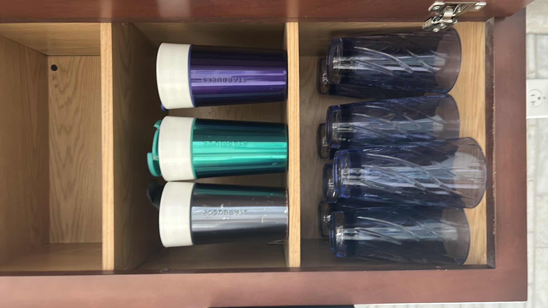 Photo 1 of CONTENTS OF SHELF 8 BLUE PLASTIC TUMBLERS 3 STARBUCKS COFFEE