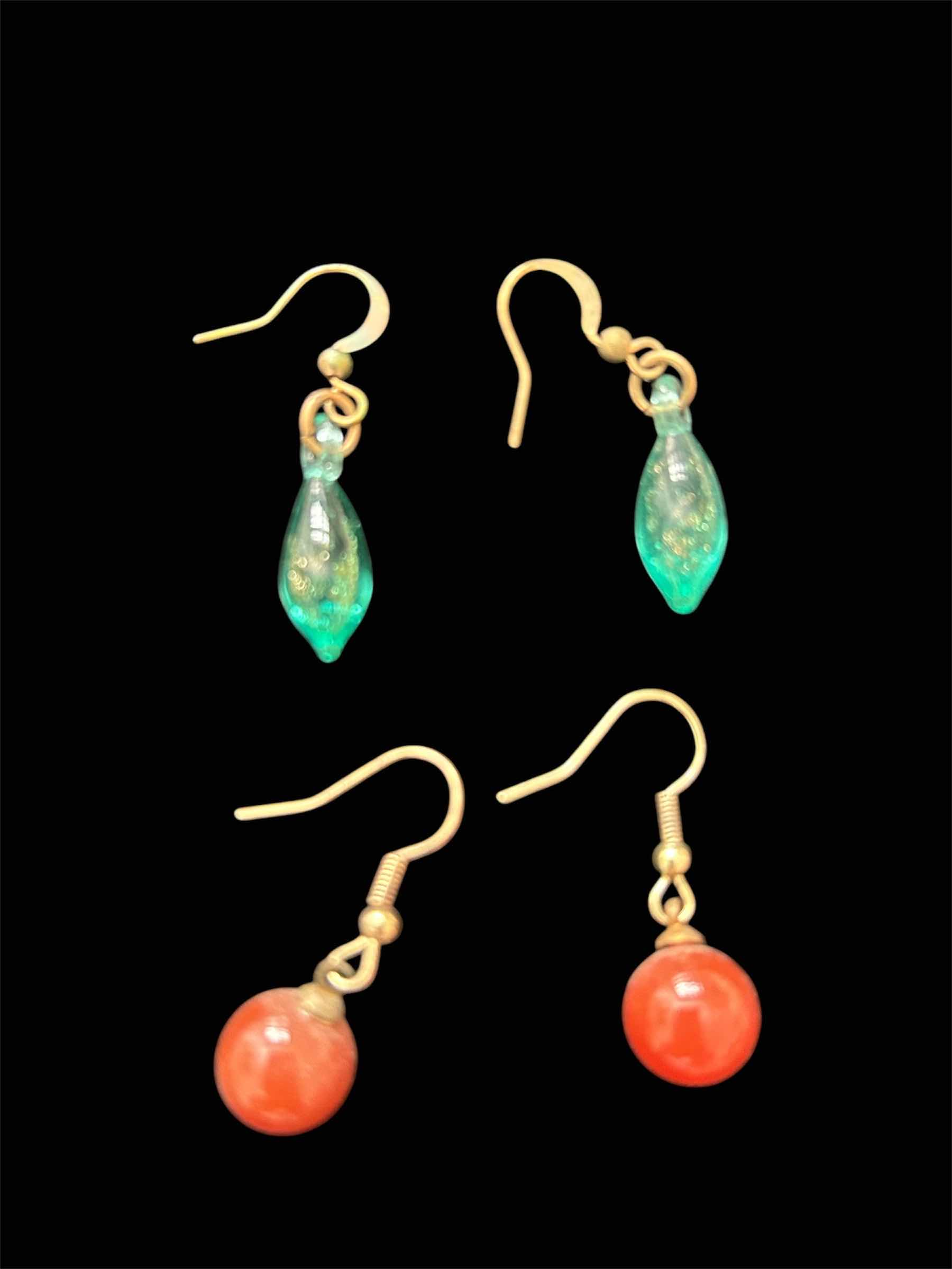 Photo 1 of 2- TURQUOISE TEAR DROP AND CORAL DANGLE BEAD EARRINGS