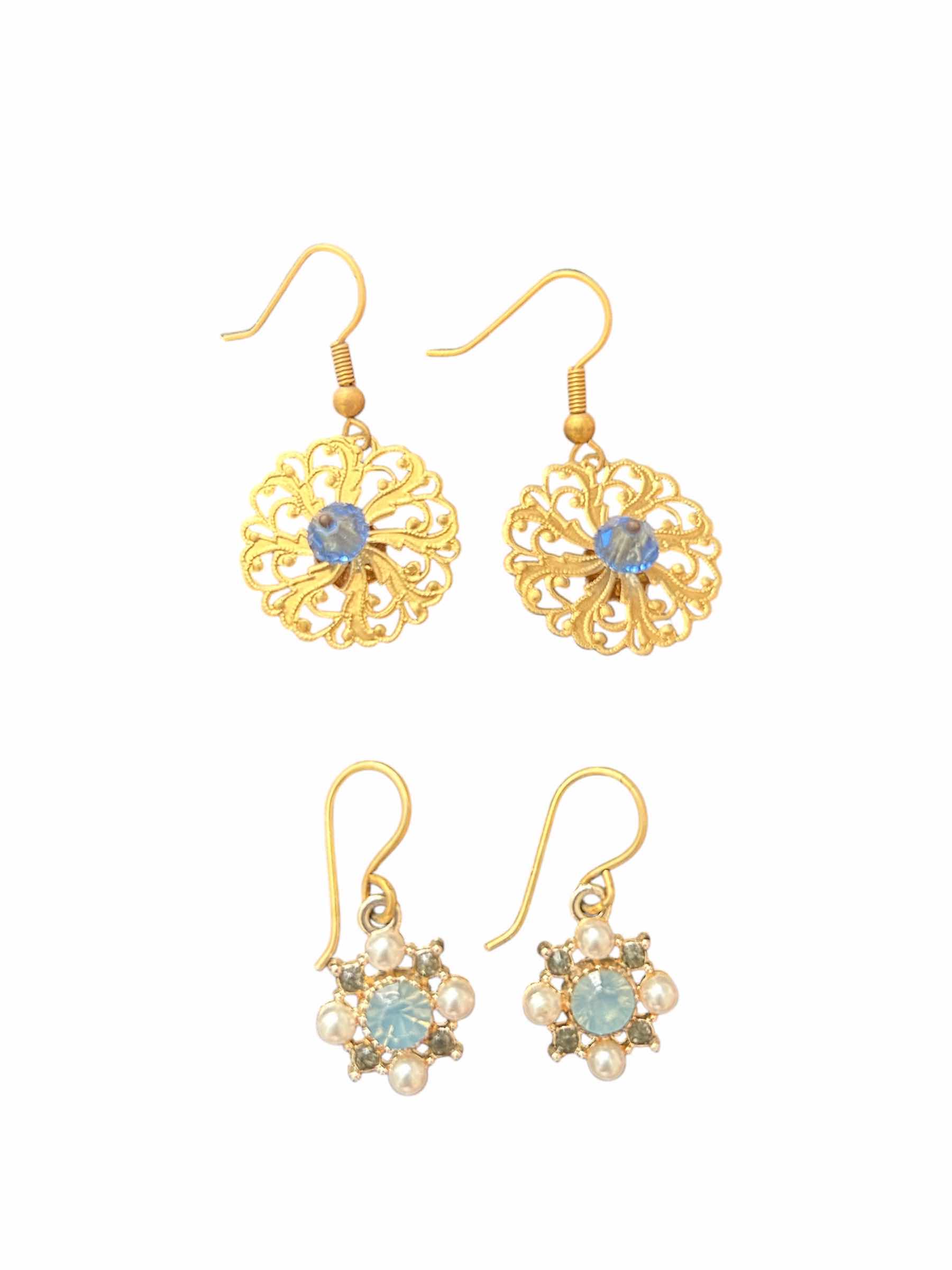 Photo 1 of 2-HAND MADE ORANATE FILIGREE W BLUE CENTER AND BEADED PEARL DANGLE EARRINGS