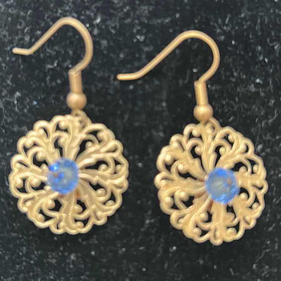 Photo 1 of 2-HAND MADE ORANATE FILIGREE W BLUE CENTER AND BEADED PEARL DANGLE EARRINGS