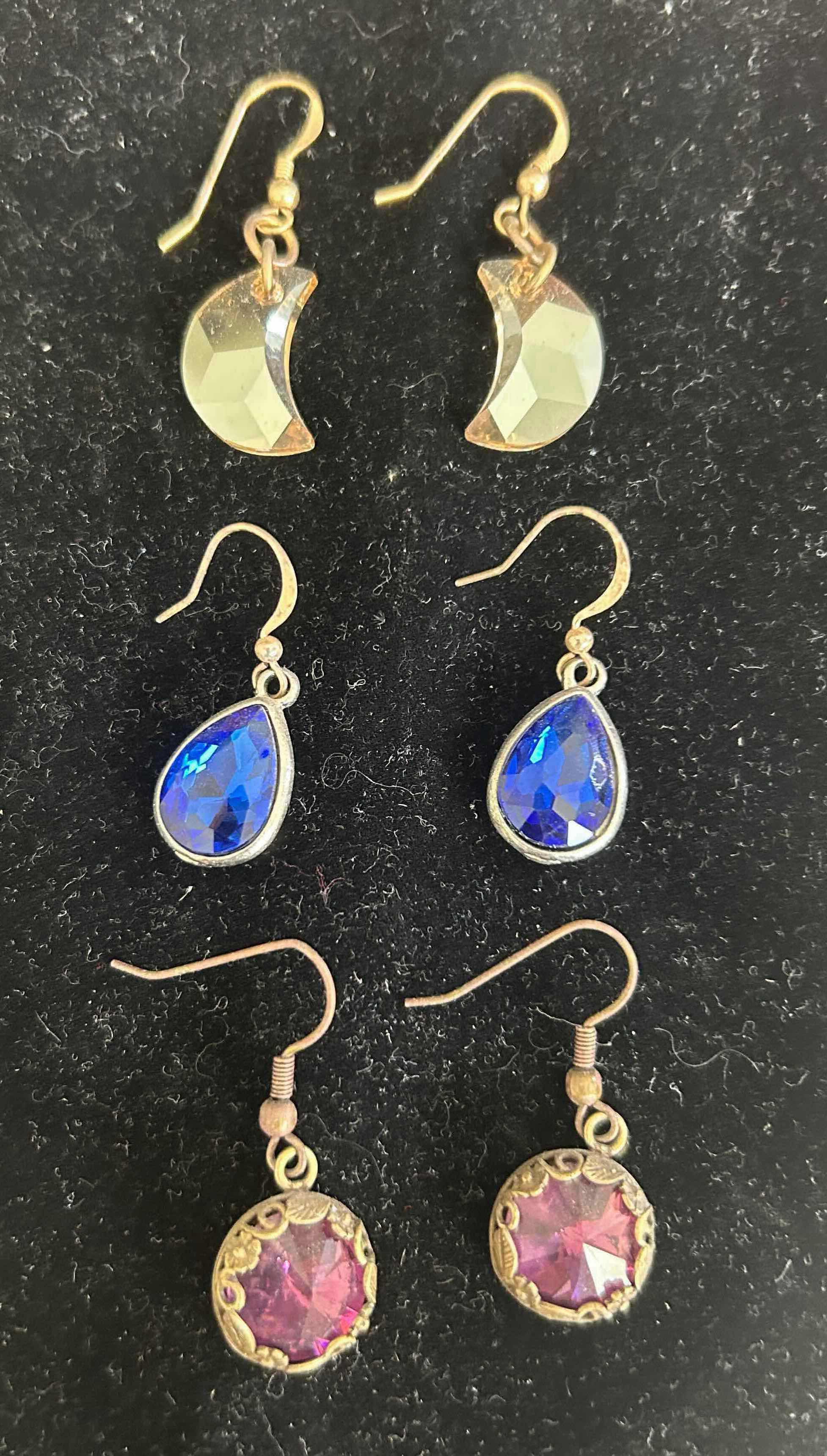 Photo 1 of 3- MOON DROP DANGLE EARRINGS-BLUE STONE TEARDROP-PINK STONE DANGLE
