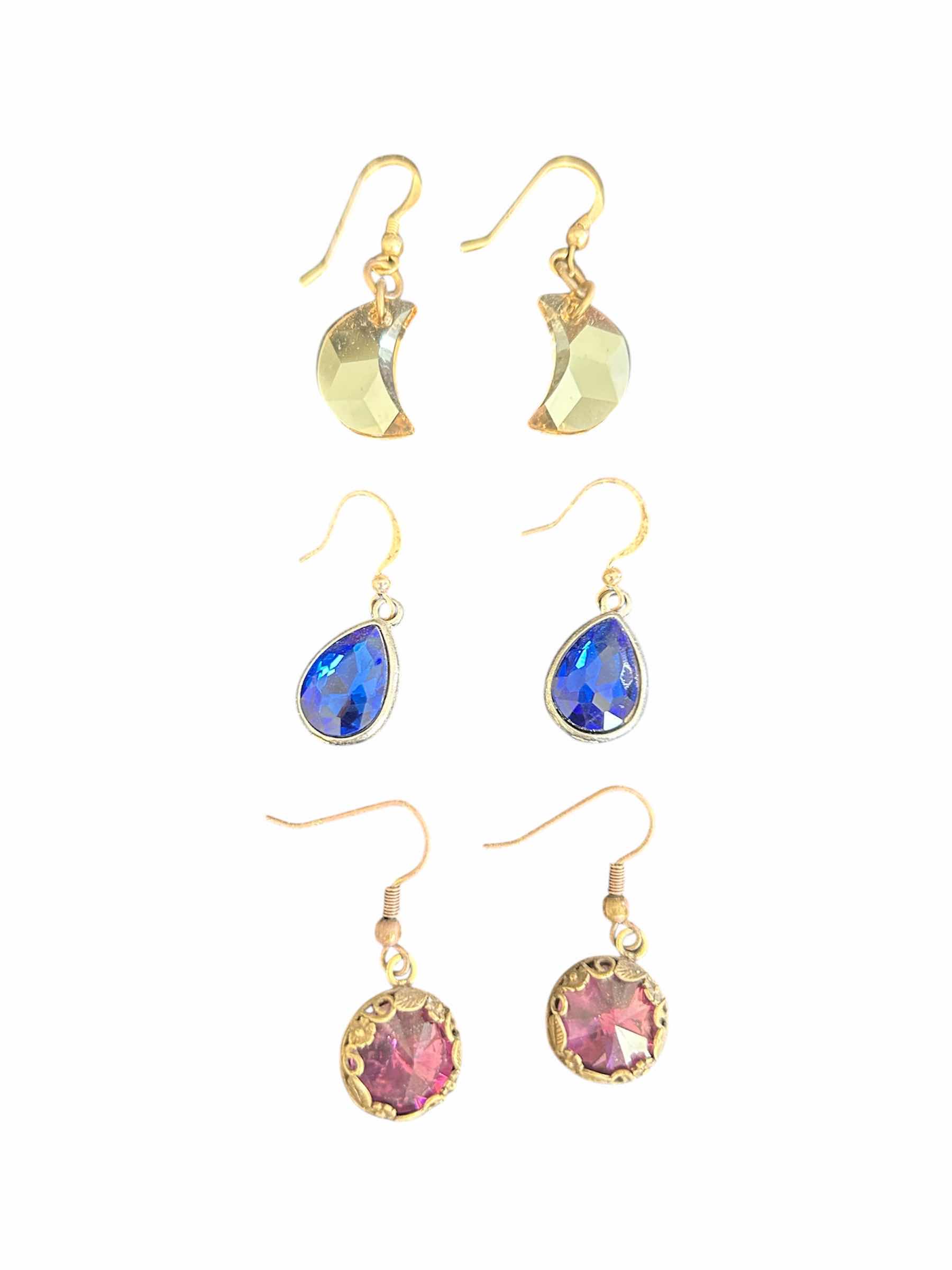 Photo 1 of 3- MOON DROP DANGLE EARRINGS-BLUE STONE TEARDROP-PINK STONE DANGLE