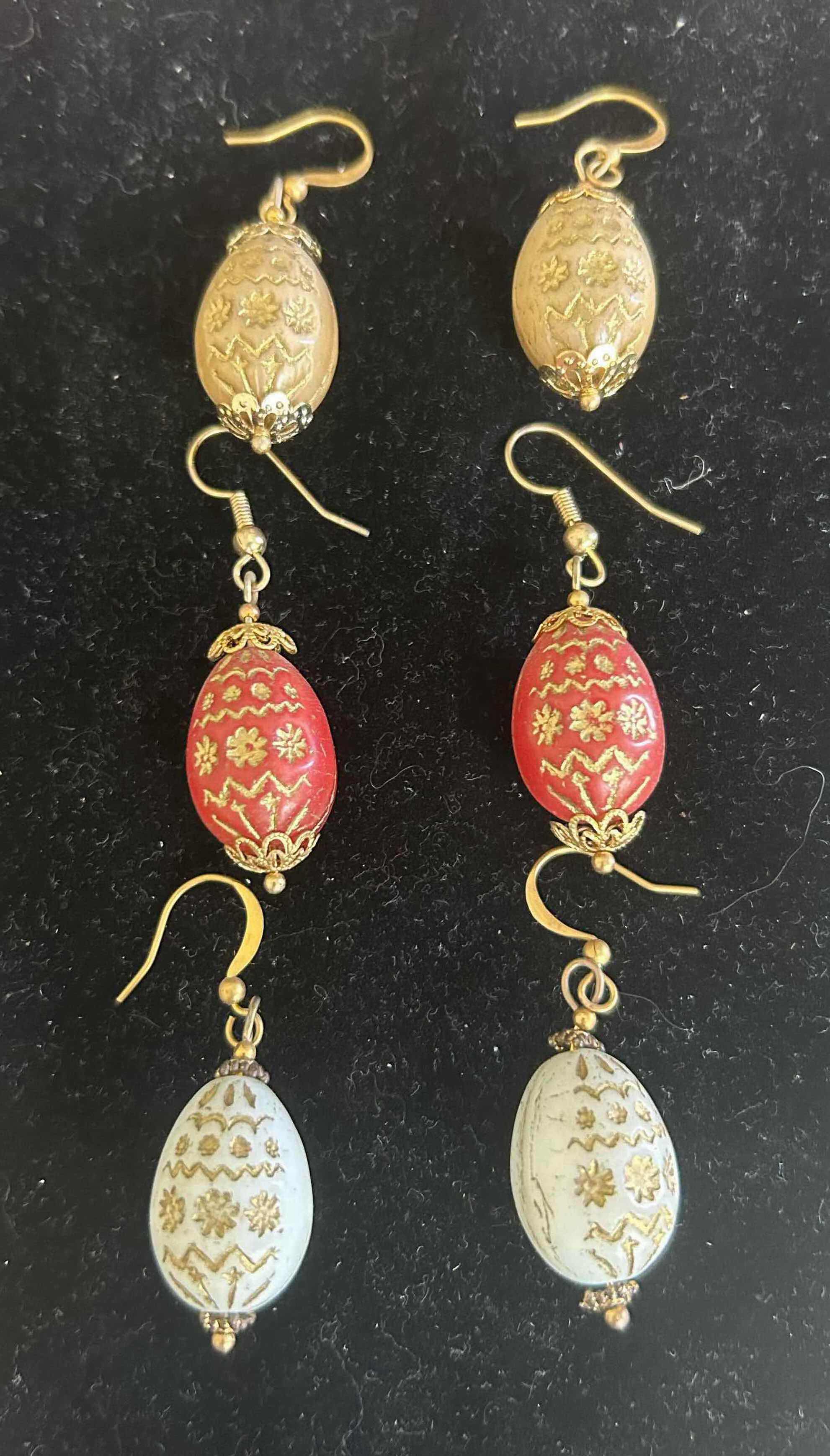 Photo 1 of 3-ASYMMETRICAL SLEEPER EARRINGS GOLD RED WHITE