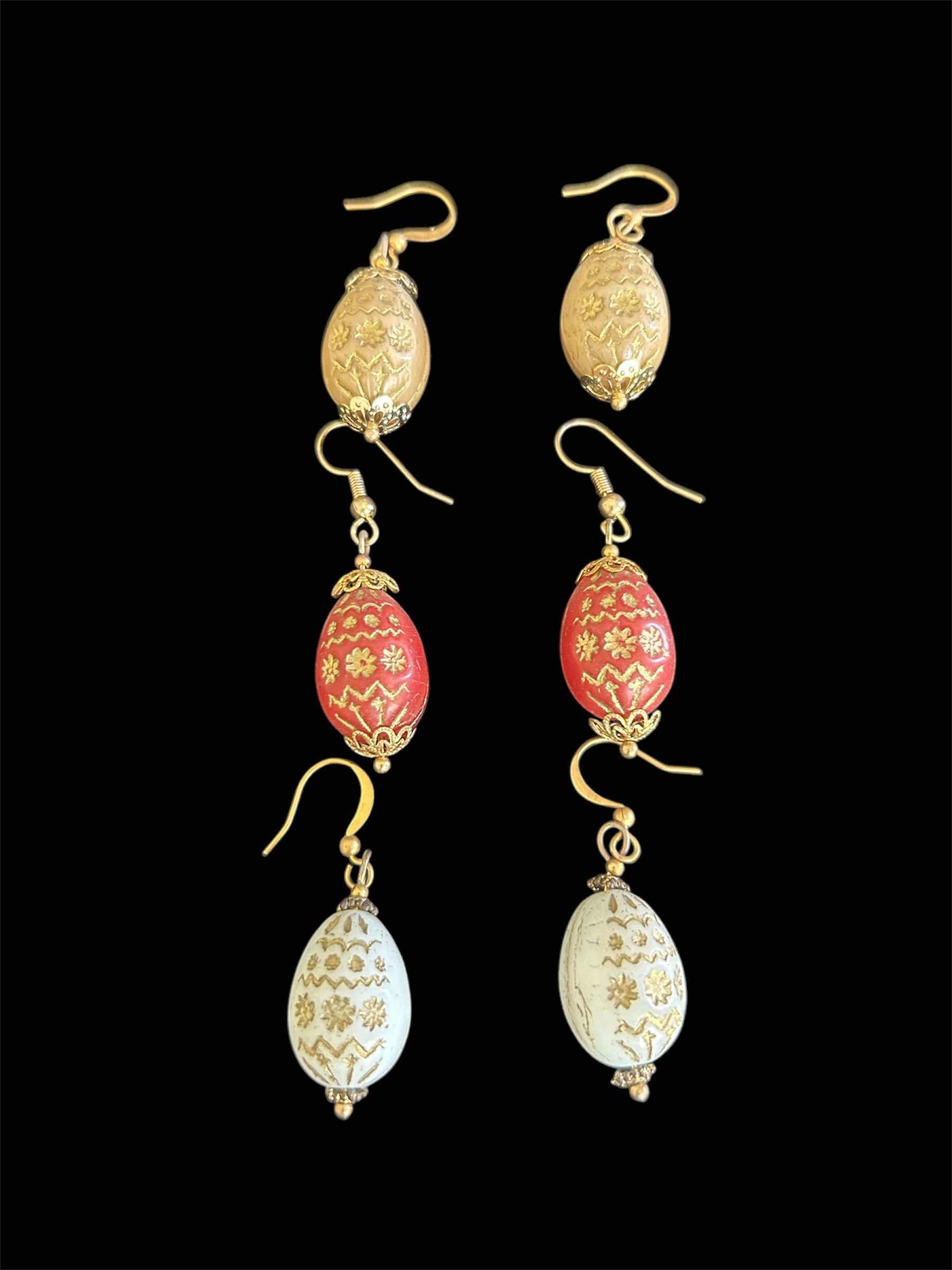 Photo 1 of 3-ASYMMETRICAL SLEEPER EARRINGS GOLD RED WHITE