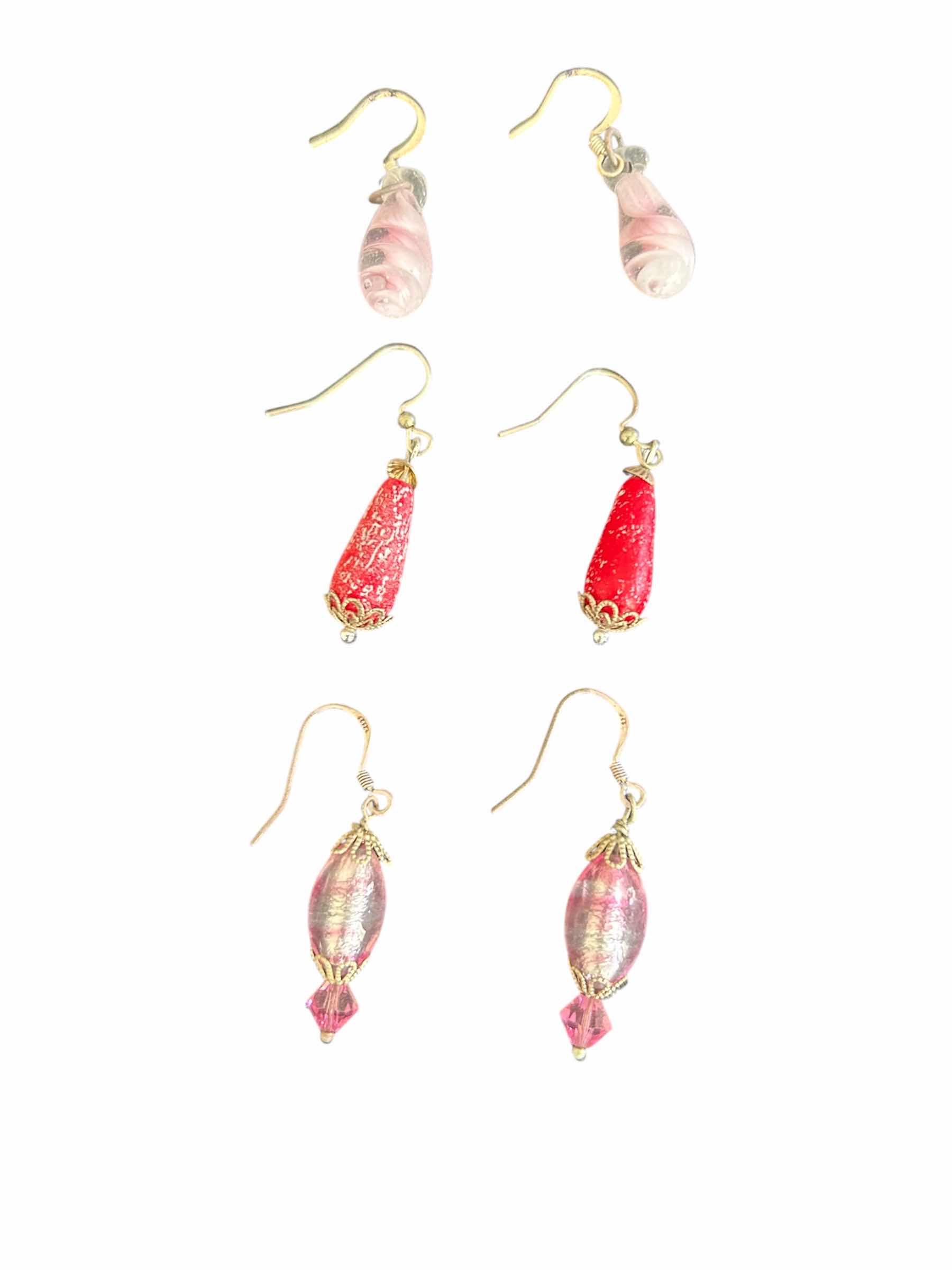 Photo 1 of 2- PINK RIPPLE GROP EARRINGS AND RED DANGLE