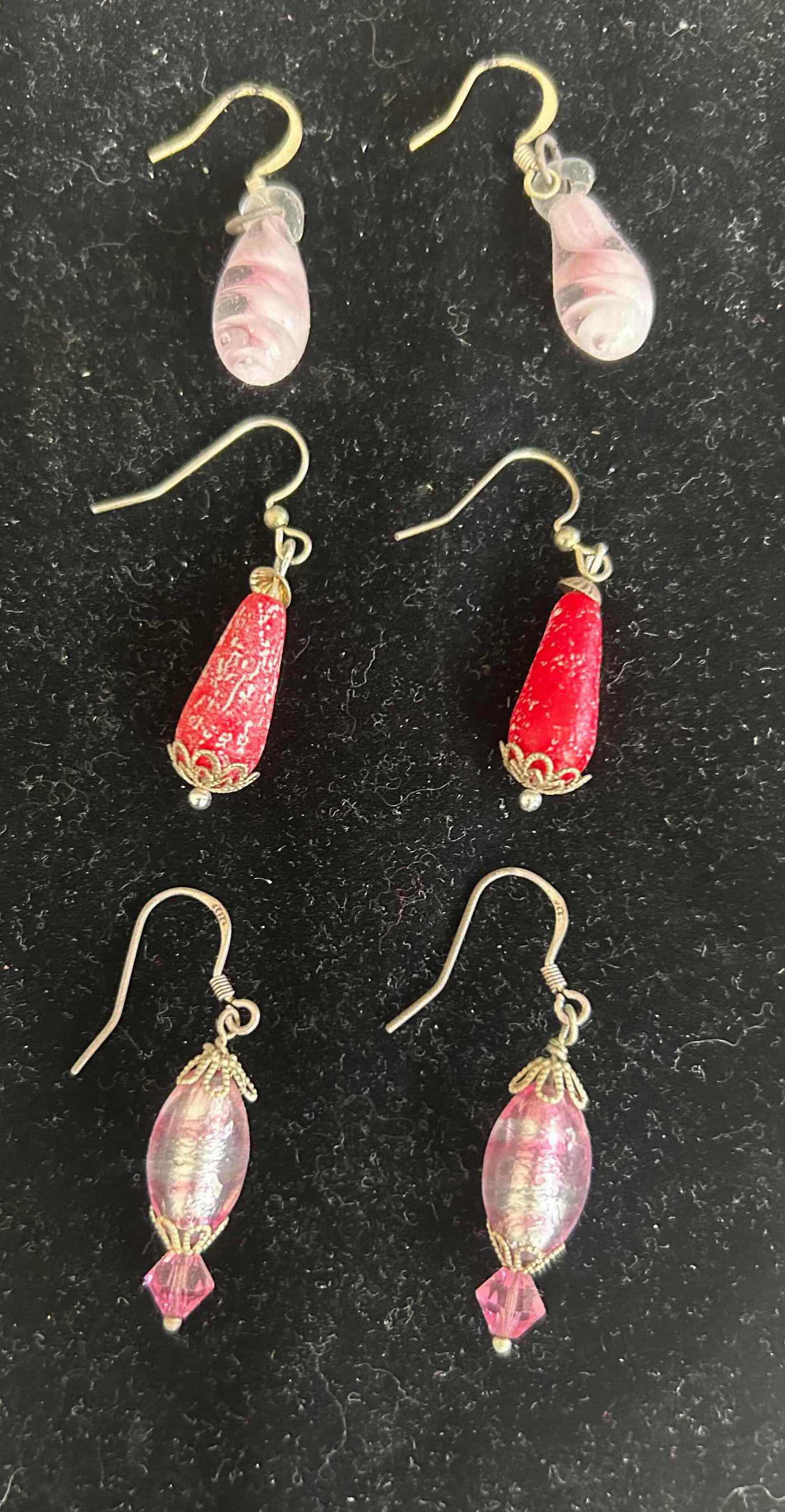 Photo 1 of 2- PINK RIPPLE GROP EARRINGS AND RED DANGLE