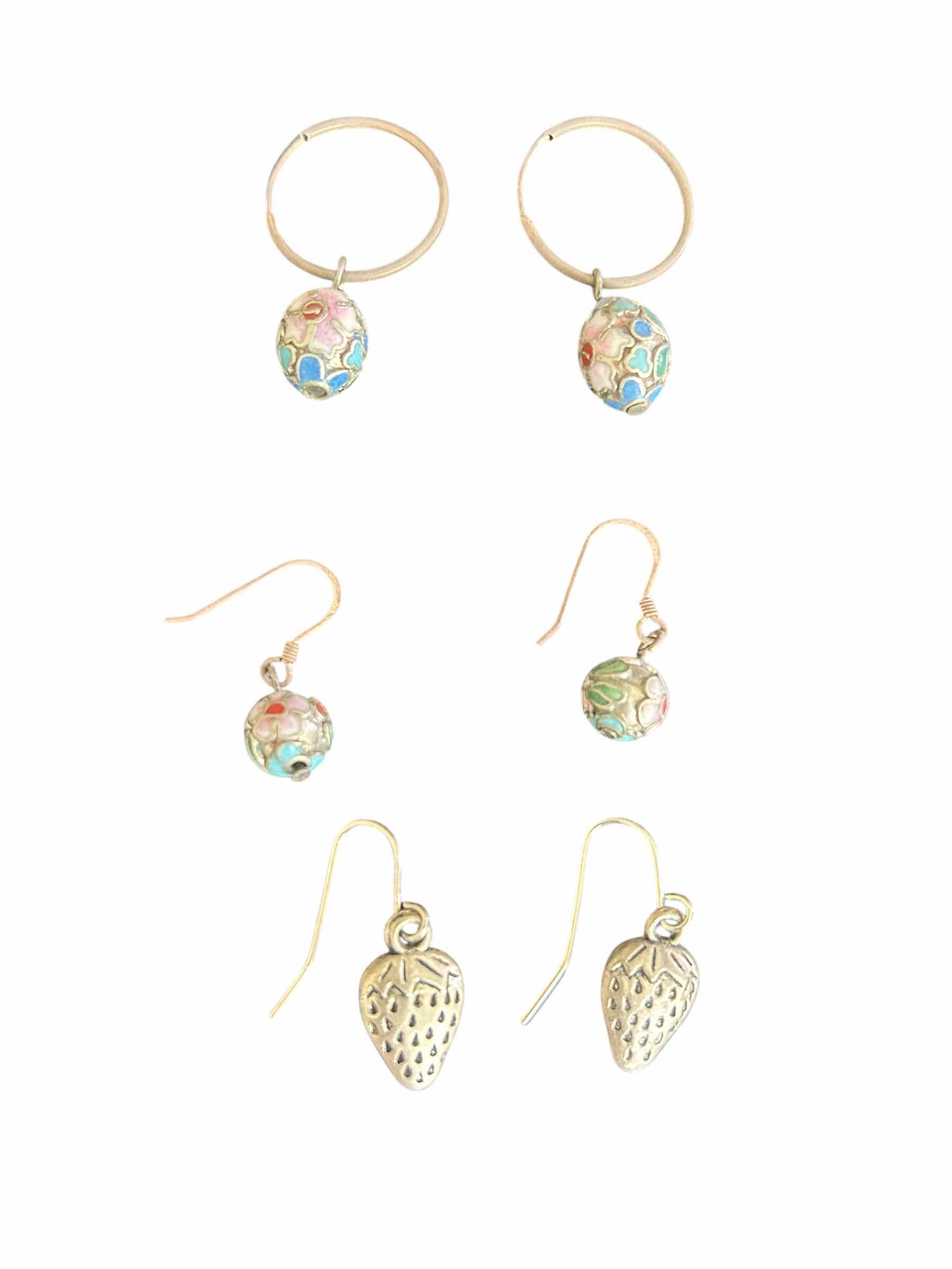 Photo 1 of 2-TURQUOISE AND PINK FLOWERS ENAMEL AND SILVER STRAWBERRY EARRINGS