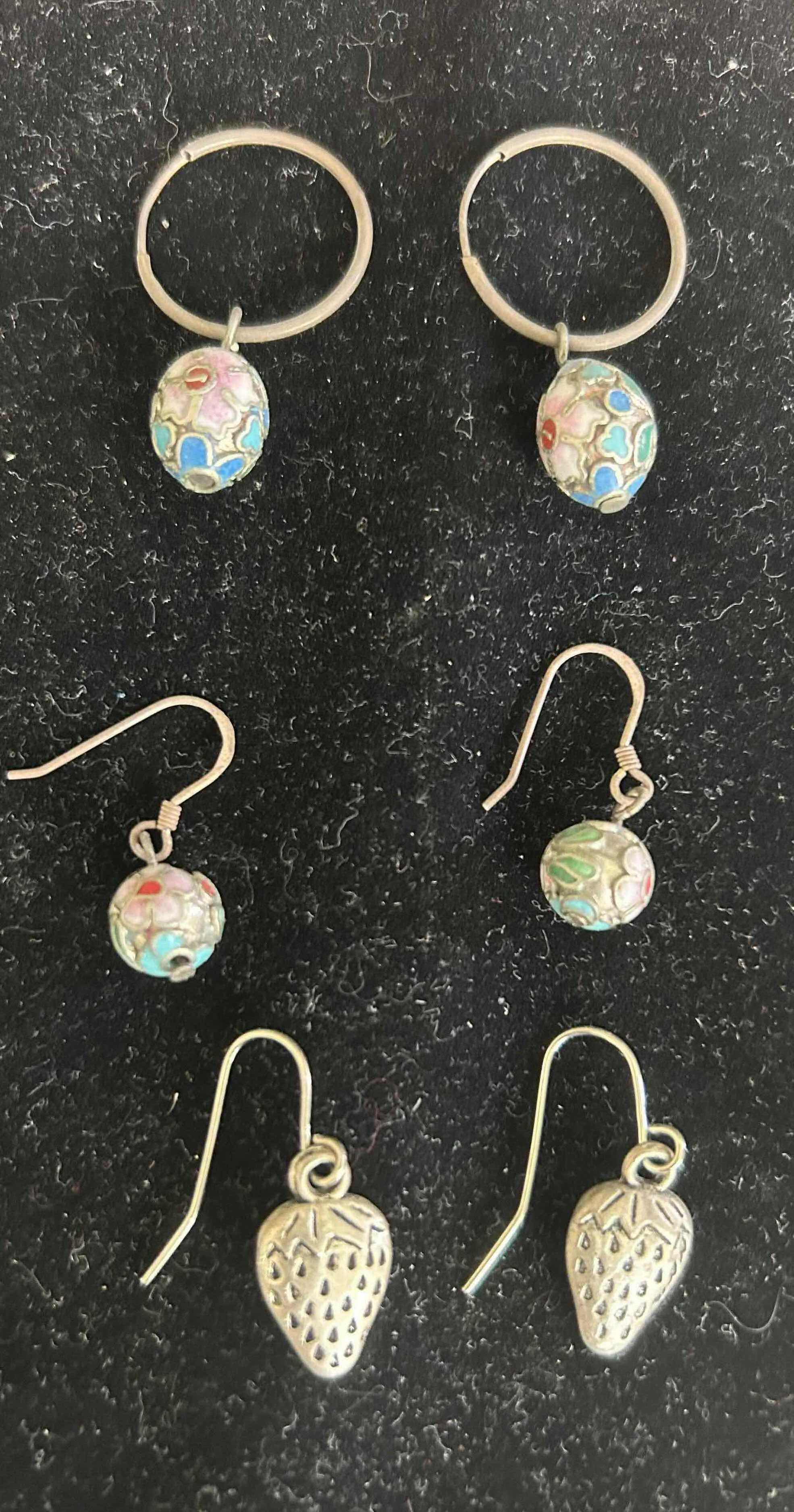 Photo 1 of 2-TURQUOISE AND PINK FLOWERS ENAMEL AND SILVER STRAWBERRY EARRINGS