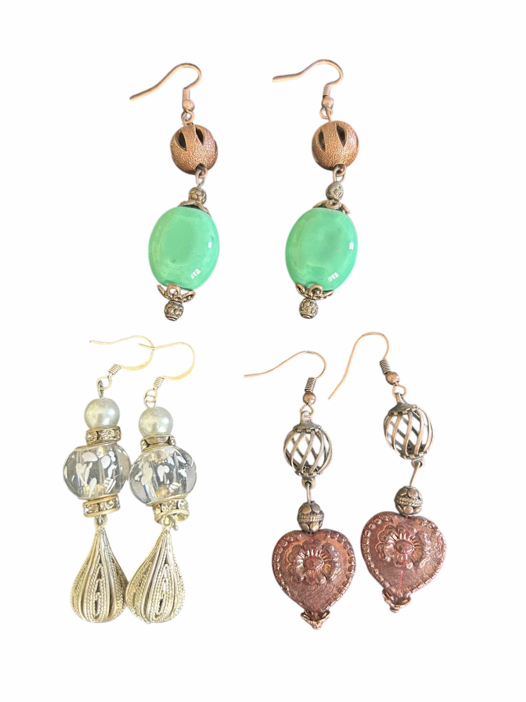 Photo 1 of 3- HANDMADE DROP EARRINGS DECO GREEN VINTAGE CLEAR BRIWN FLOWER