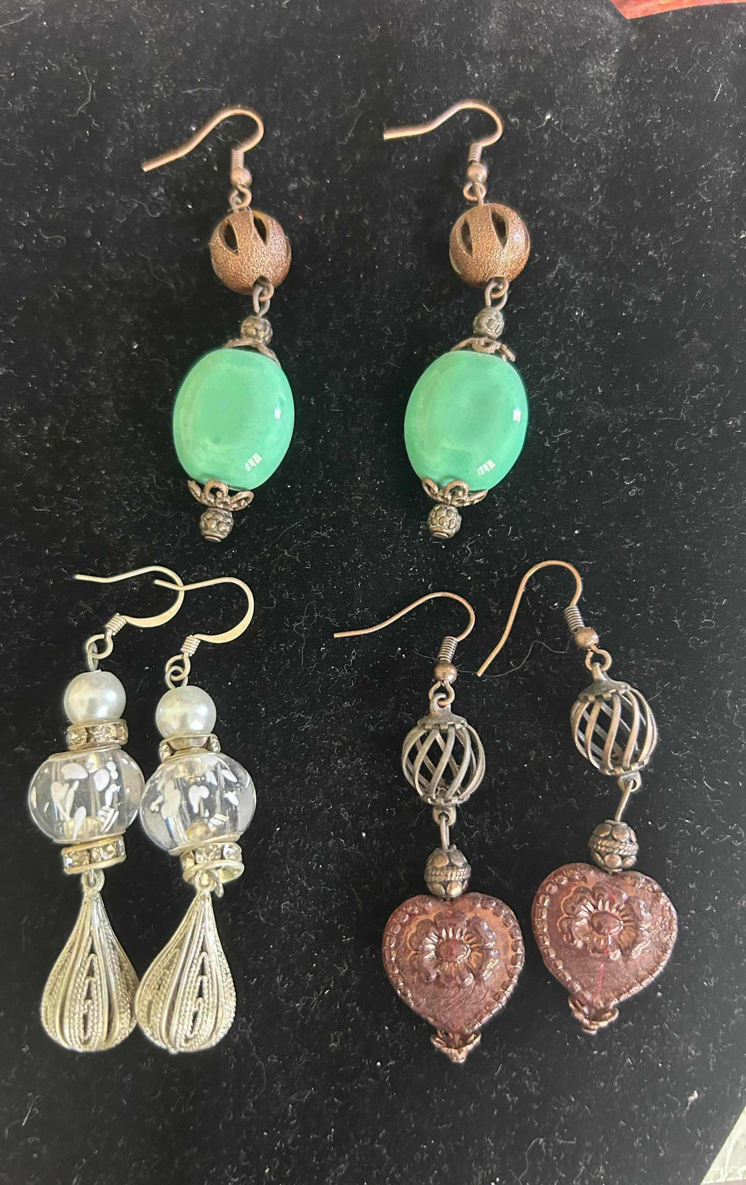 Photo 1 of 3- HANDMADE DROP EARRINGS DECO GREEN VINTAGE CLEAR BRIWN FLOWER